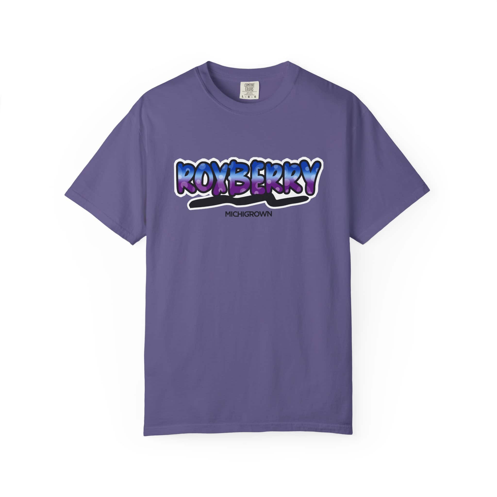 Purple Roxberry T-shirt with colorful logo design.