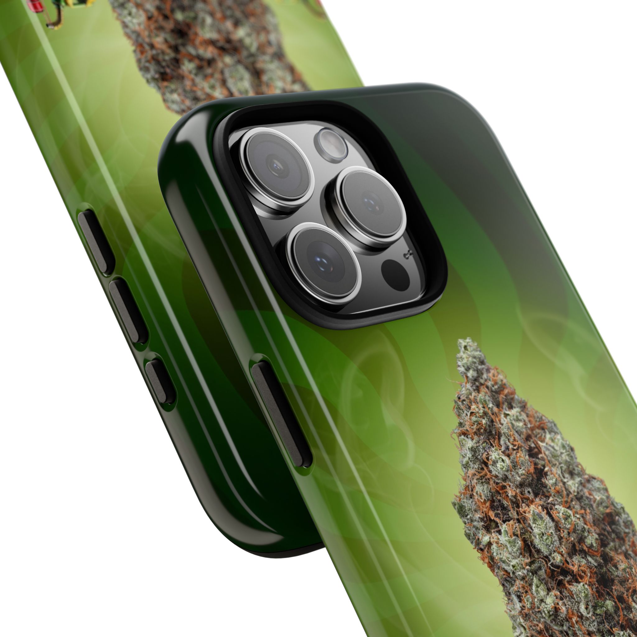 Green cannabis-themed phone case with marijuana buds design.