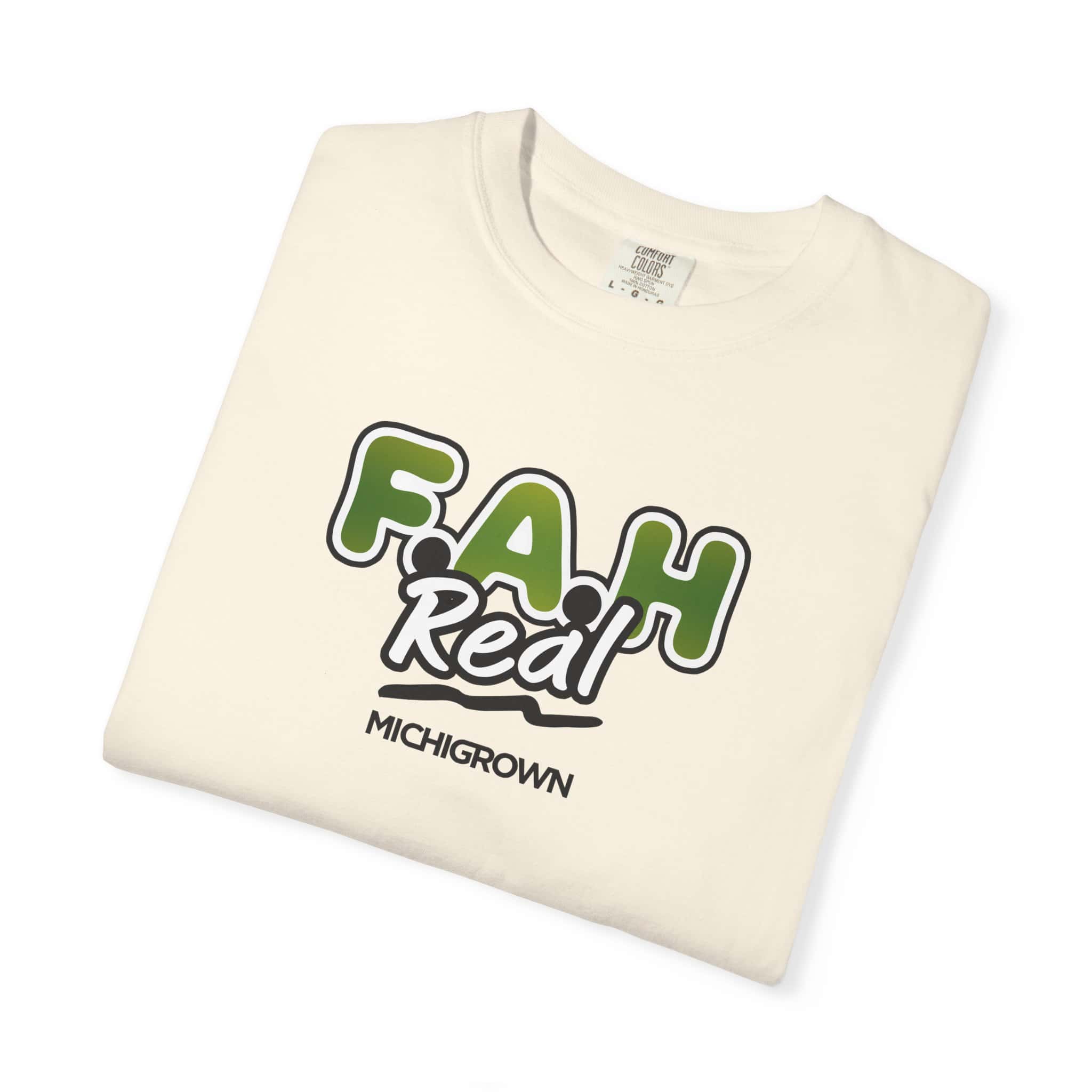 White T-shirt with F.A.H. Real logo and Michigrown branding.