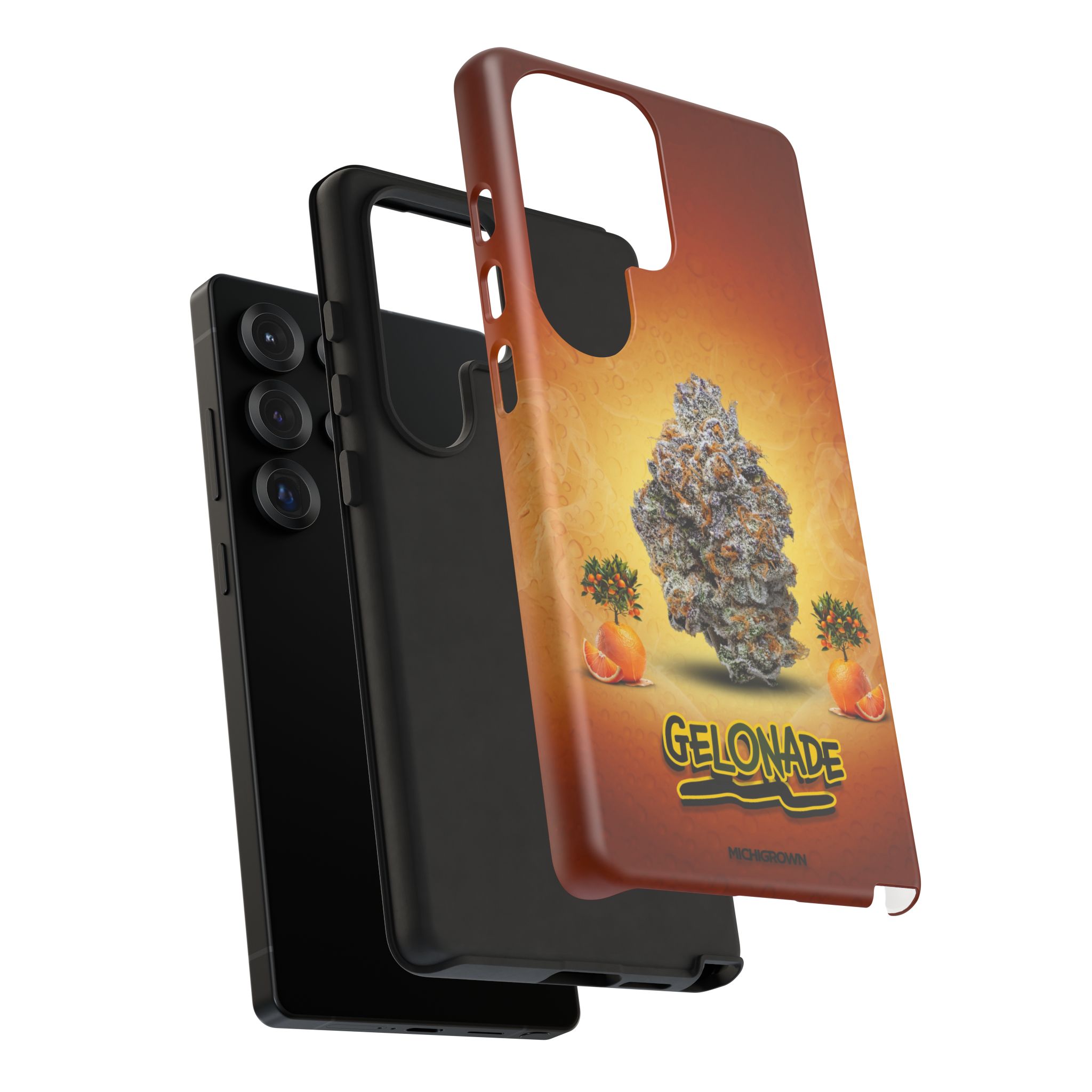 Custom GELONADE phone case with cannabis and orange design for iPhone 14 Pro.