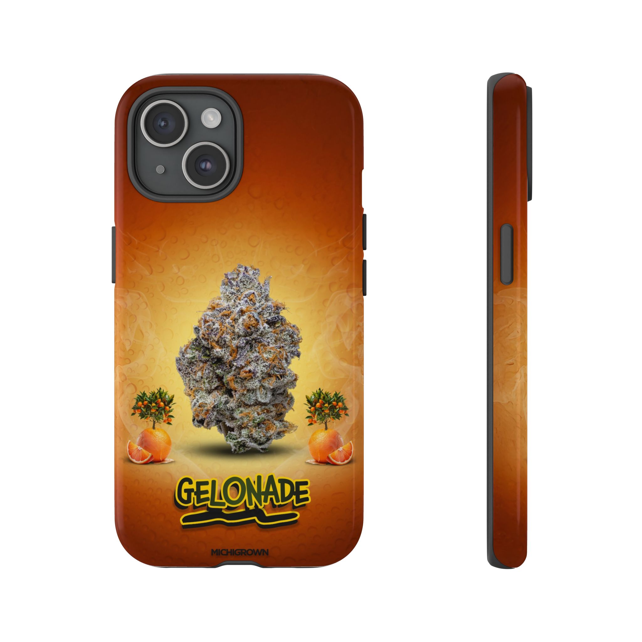 Phone case featuring cannabis bud and orange slices on an orange background.