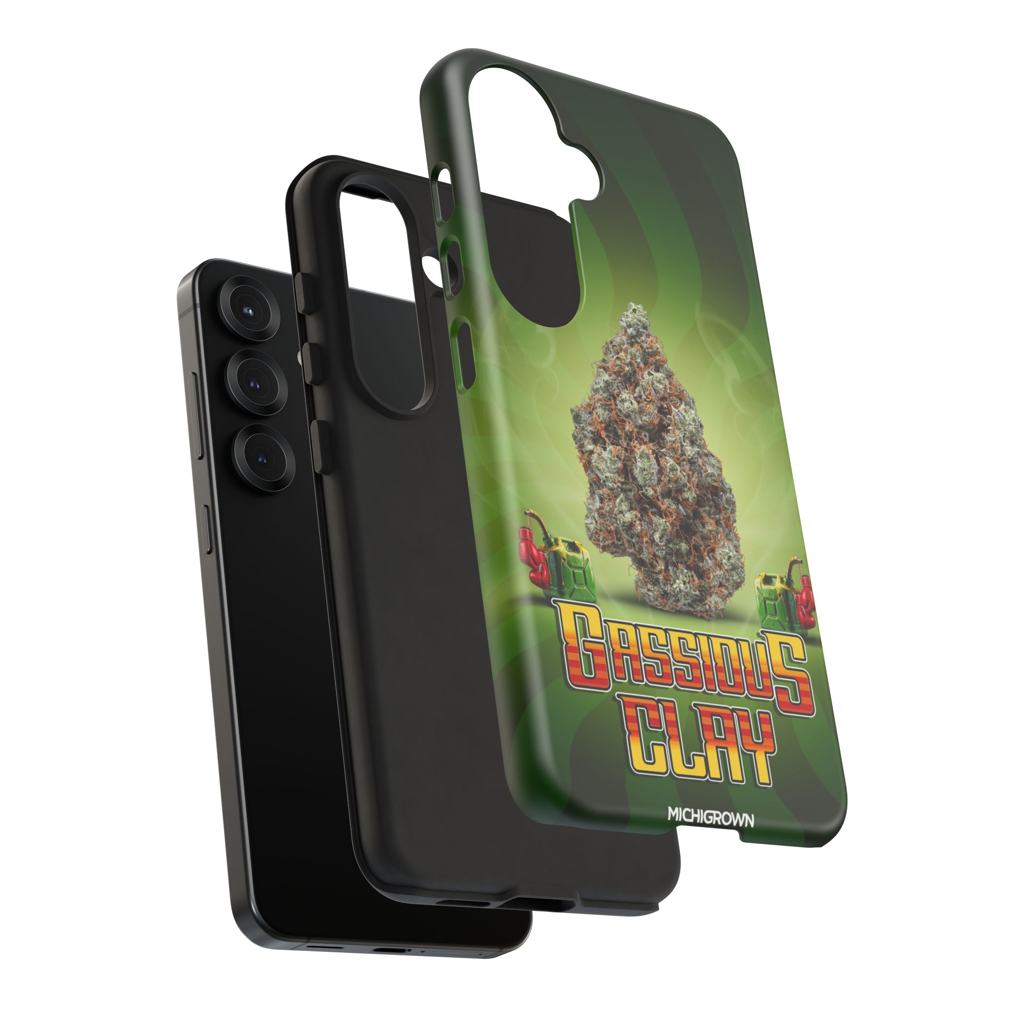 Custom phone case with Gassious Clay logo and cannabis leaf design.