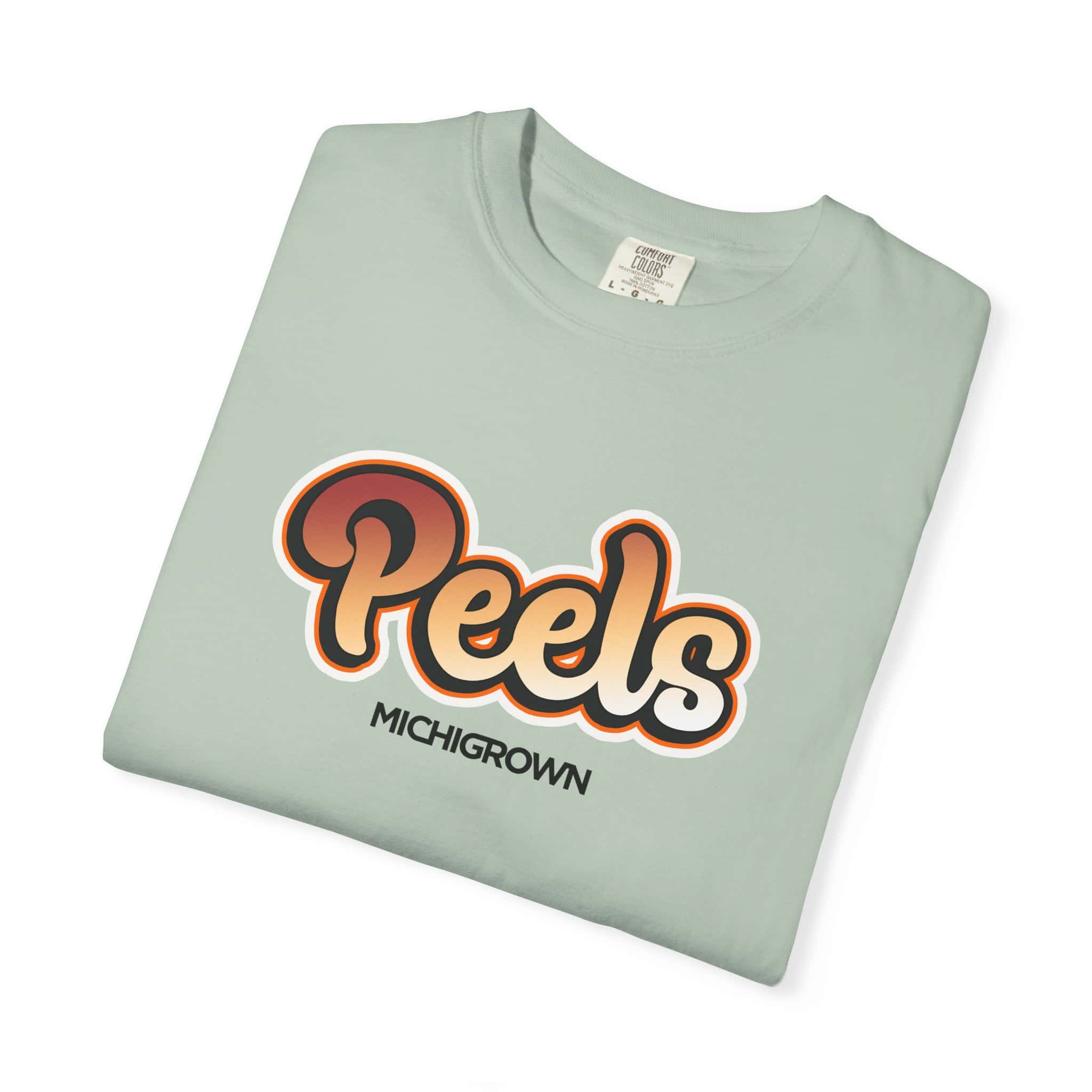 Light green T-shirt with Peels Michigrown logo in bold letters.