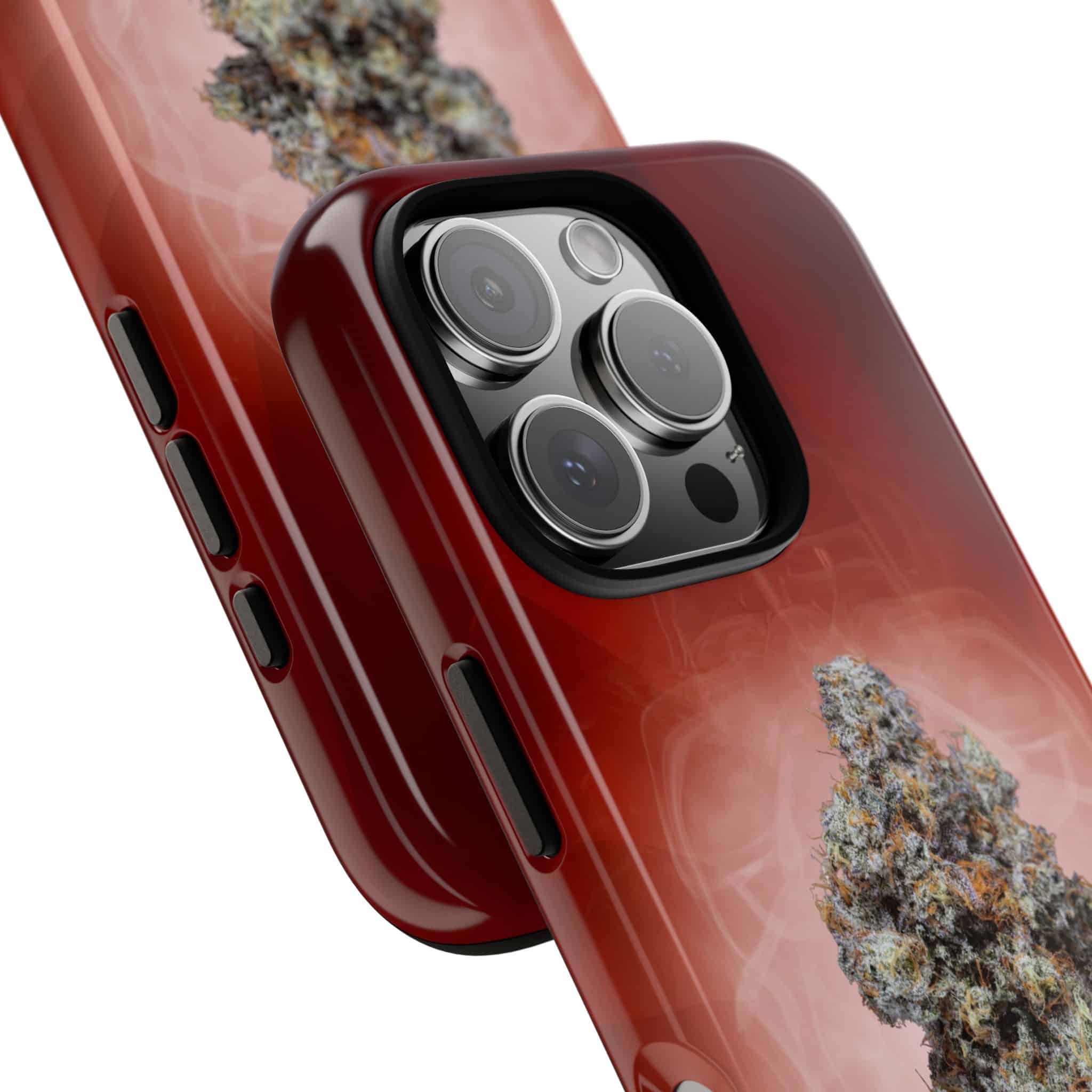 Red phone case with cannabis plant design for iPhone 13 Pro.