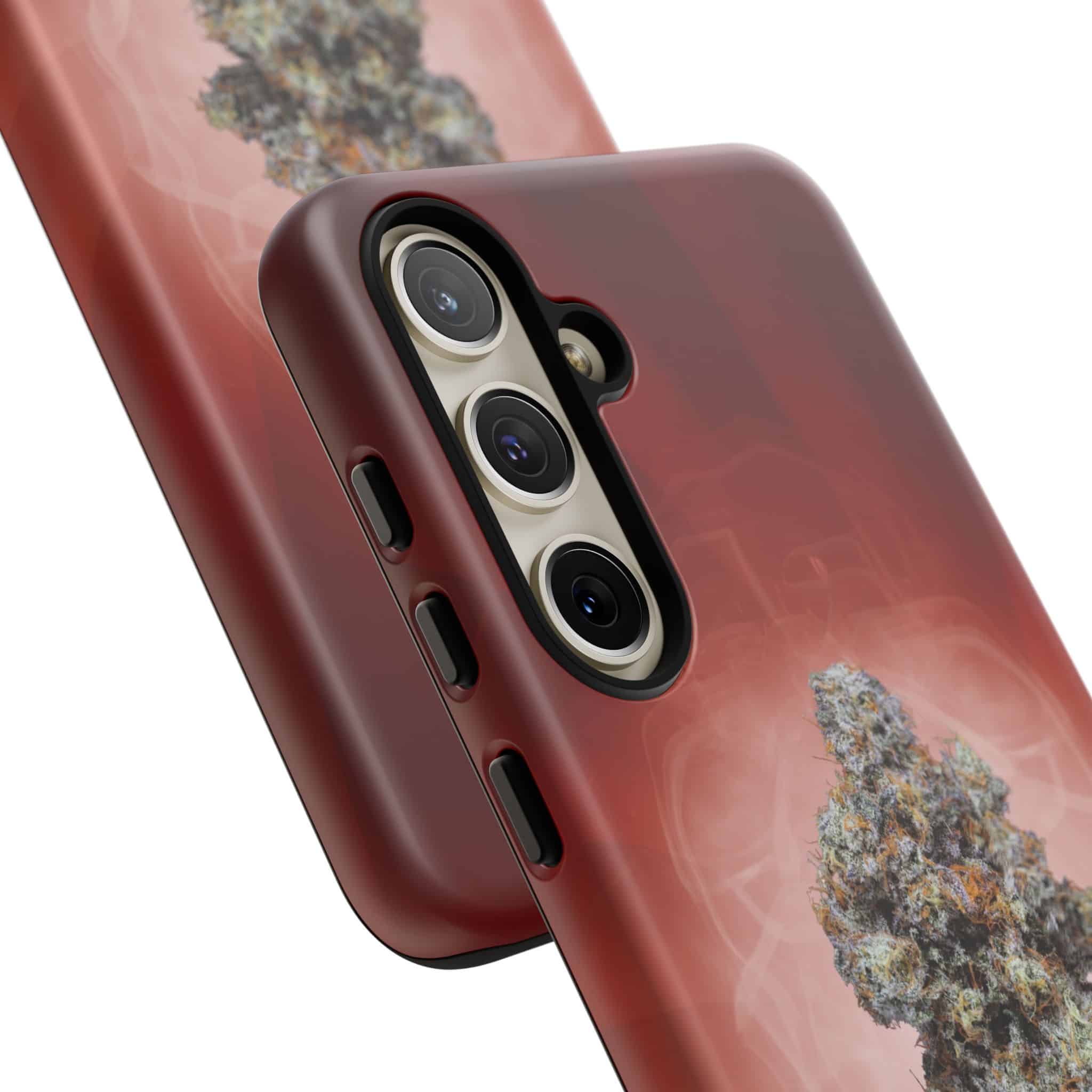 Red phone case with cannabis plant design for iPhone.