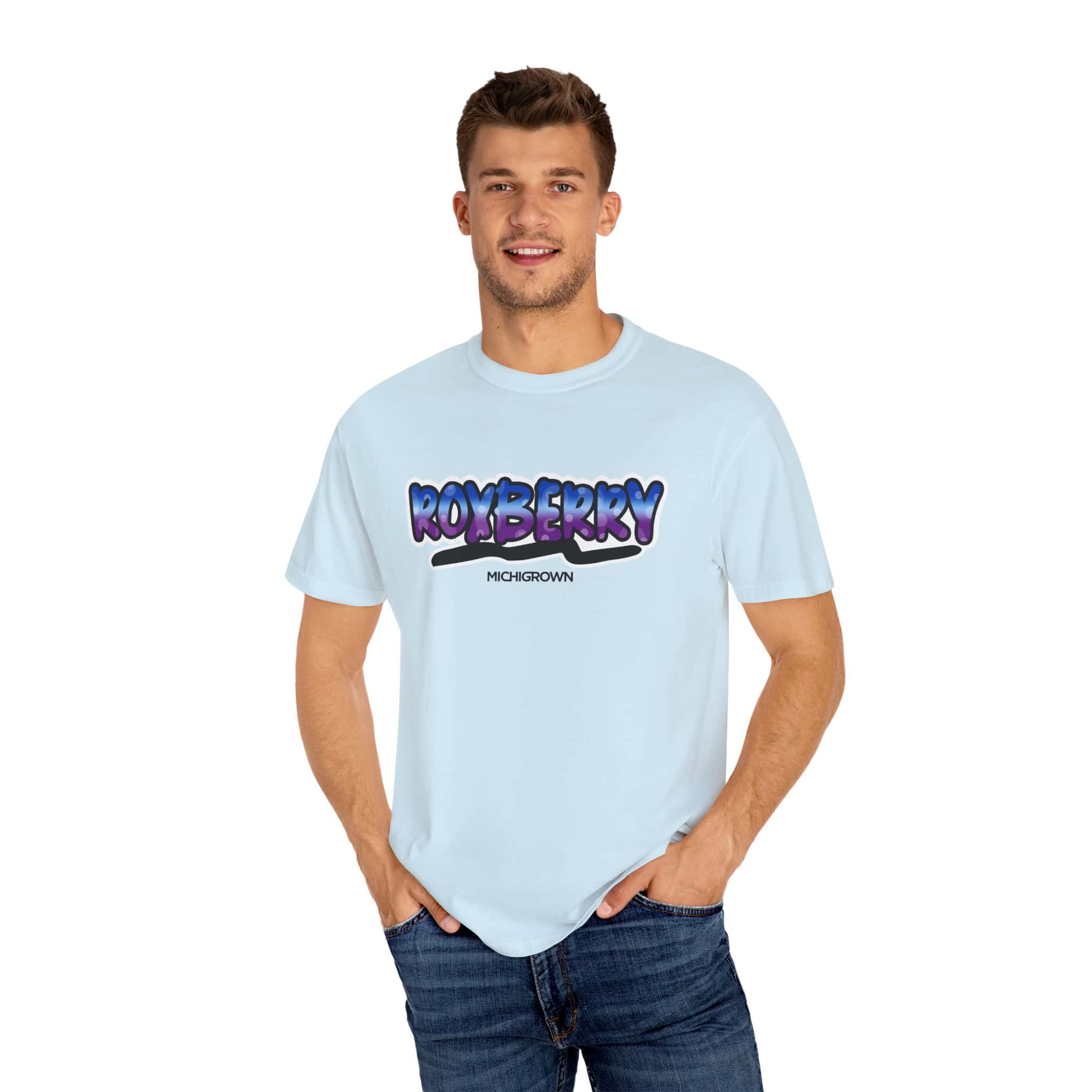 Light blue Roxberry T-shirt with bold logo for men.
