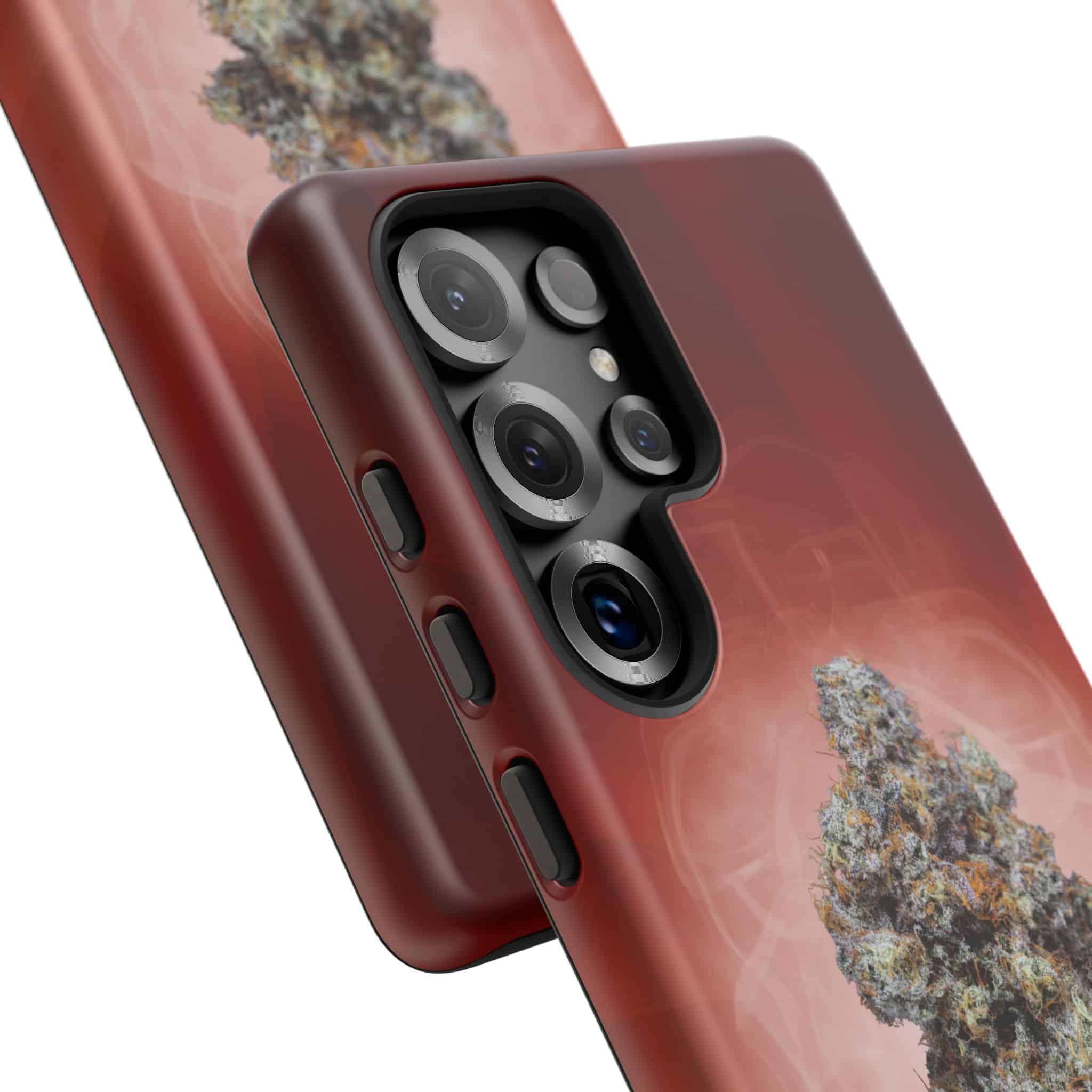 Red cannabis-themed phone case with camera cutout for iPhone.