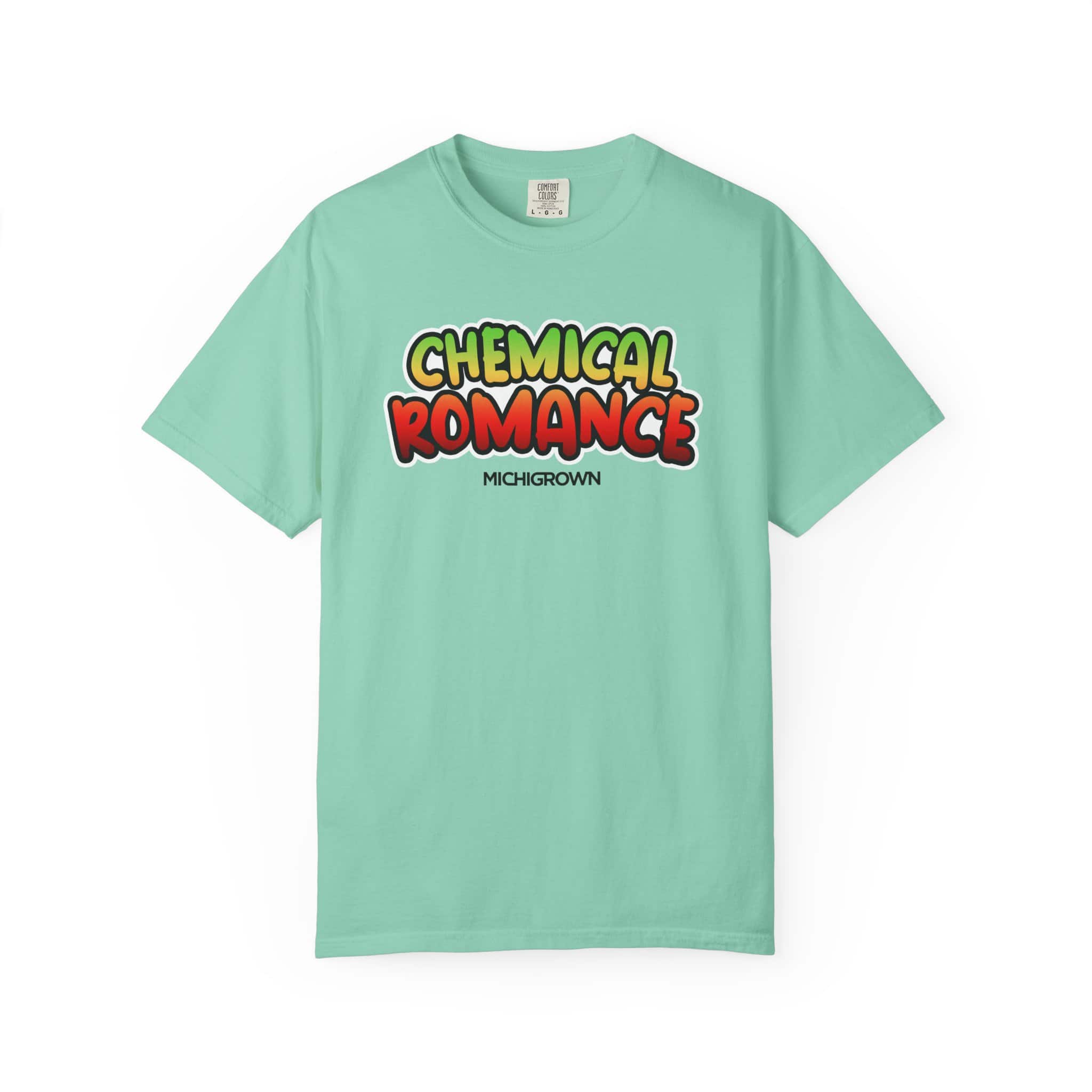 Mint green T-shirt with 'Chemical Romance' graphic design.