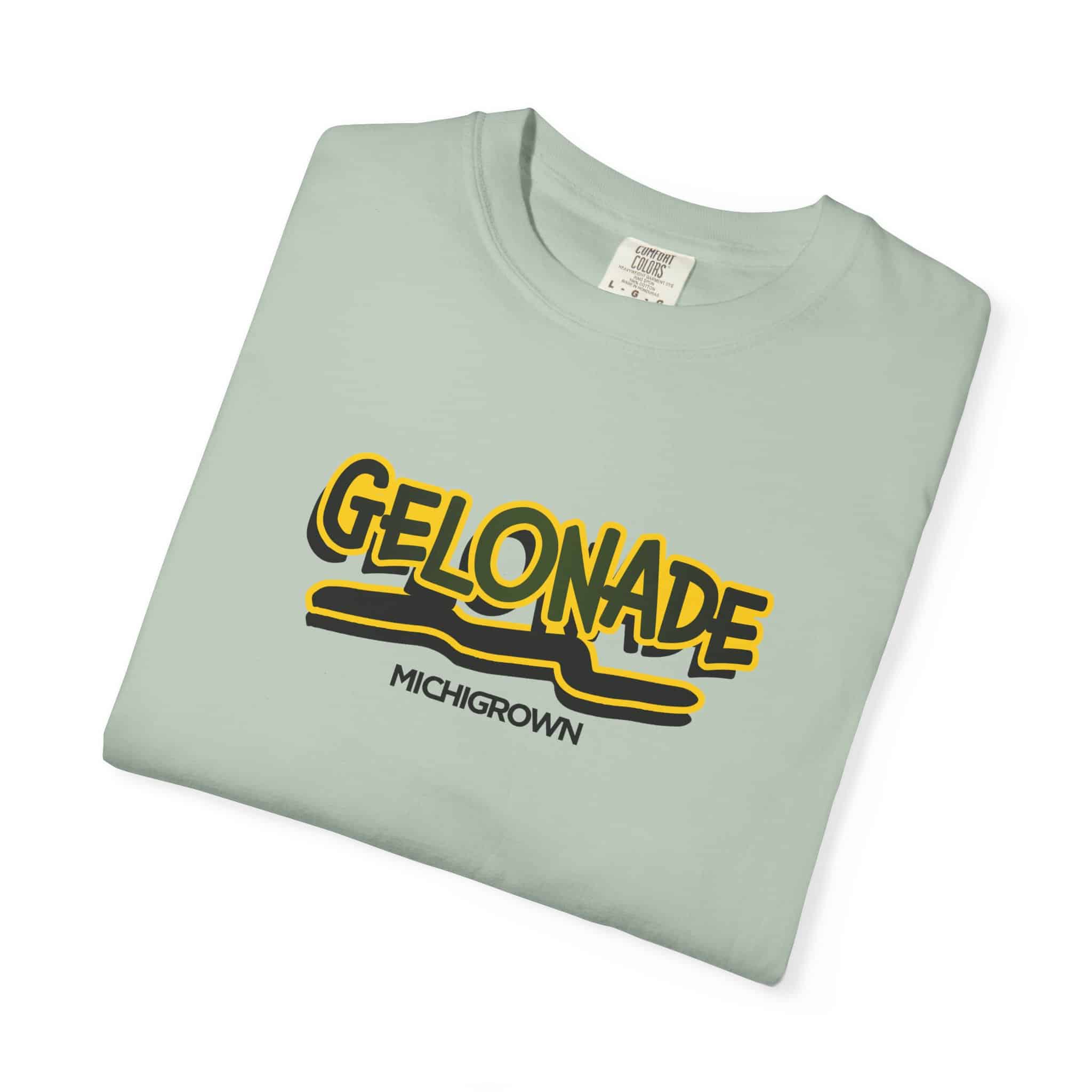 Light green T-shirt with Gelonade logo and Michigrown branding.