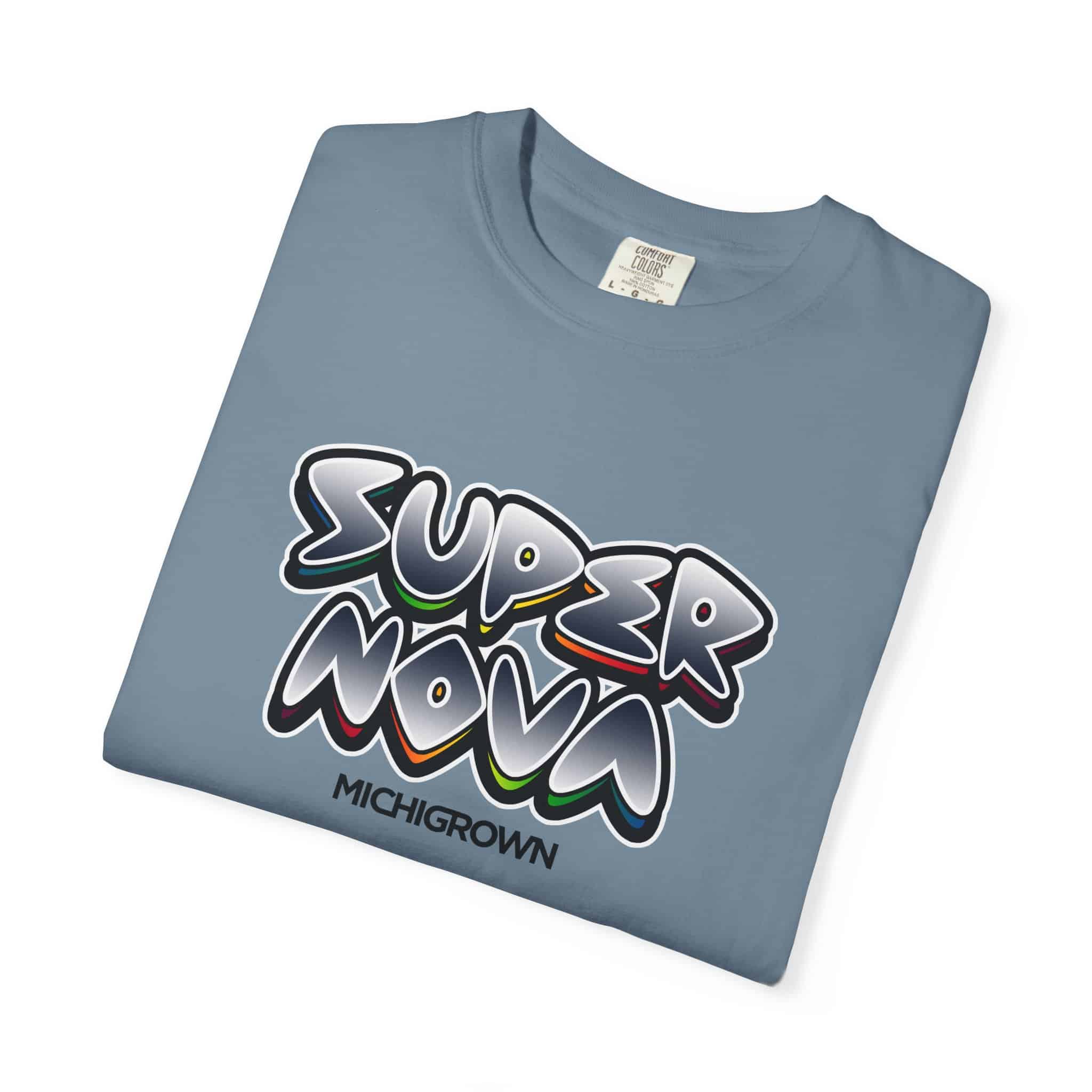 Light blue T-shirt with Super Nova graffiti-style logo and Michigrown branding.