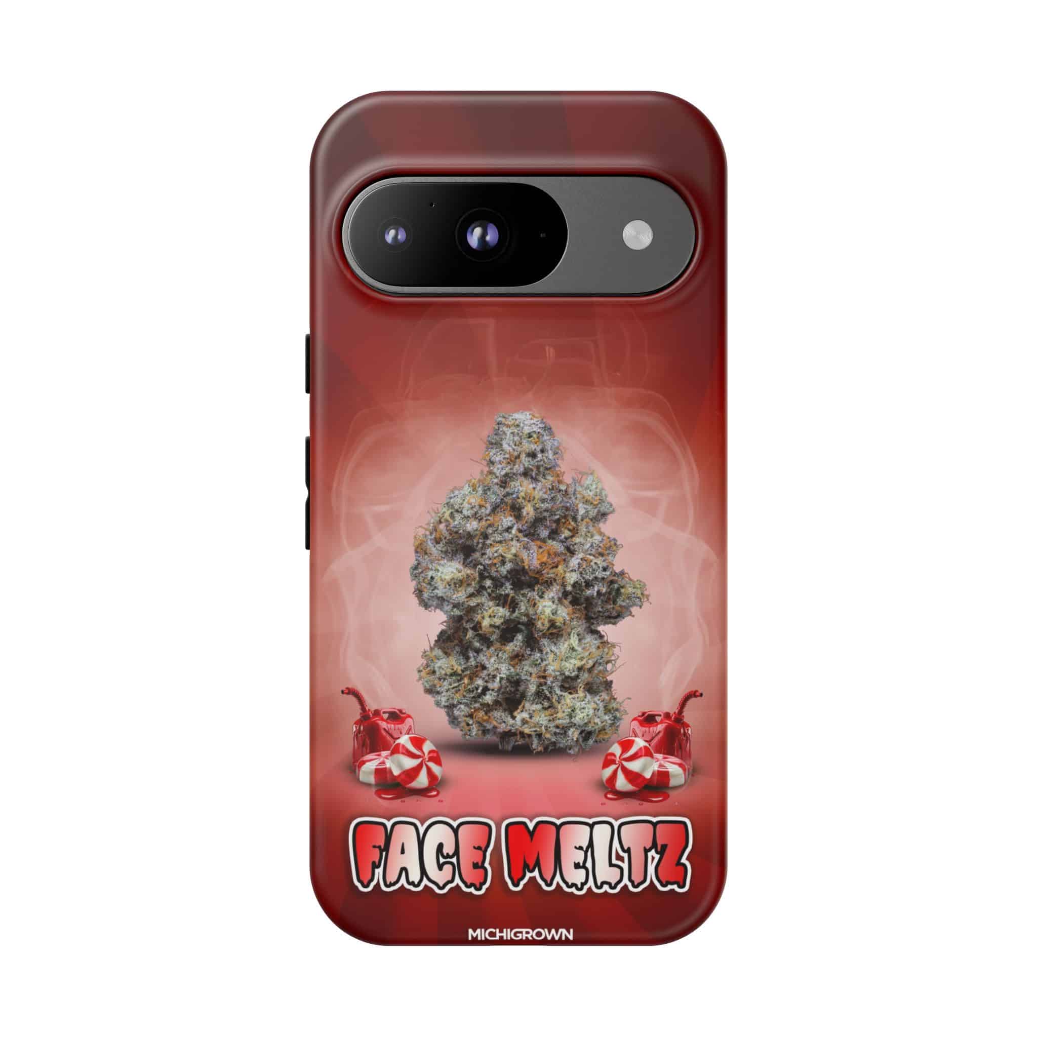 Phone case featuring cannabis bud and Face Meltz logo for FACE MELTZ Tough Cases.