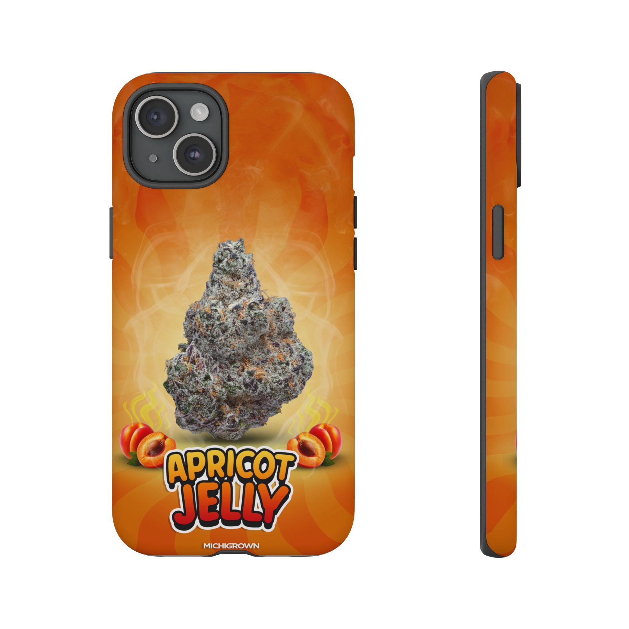 Phone case with apricot jelly and cannabis bud graphic for iPhone.