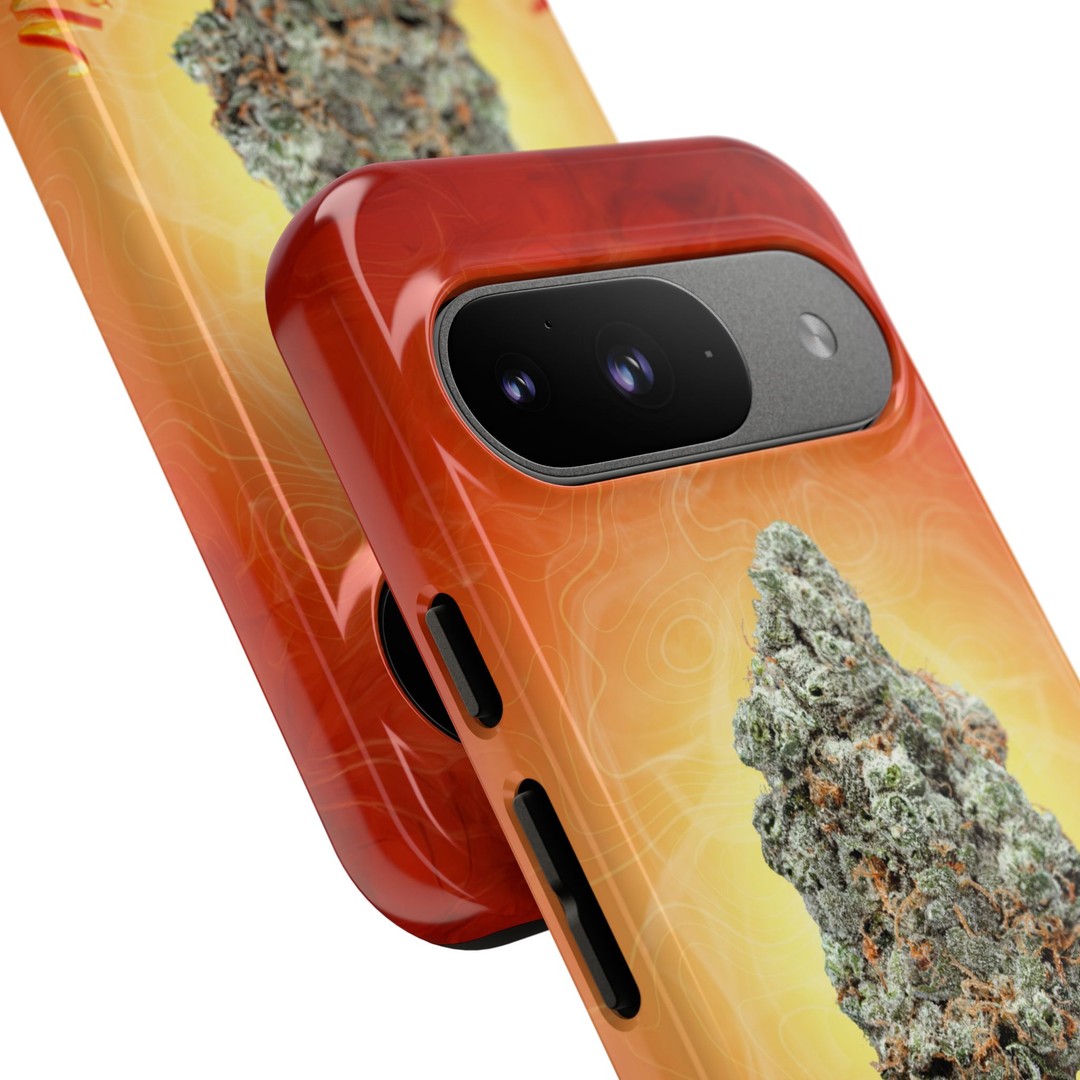 Red phone case with cannabis leaf design for iPhone.