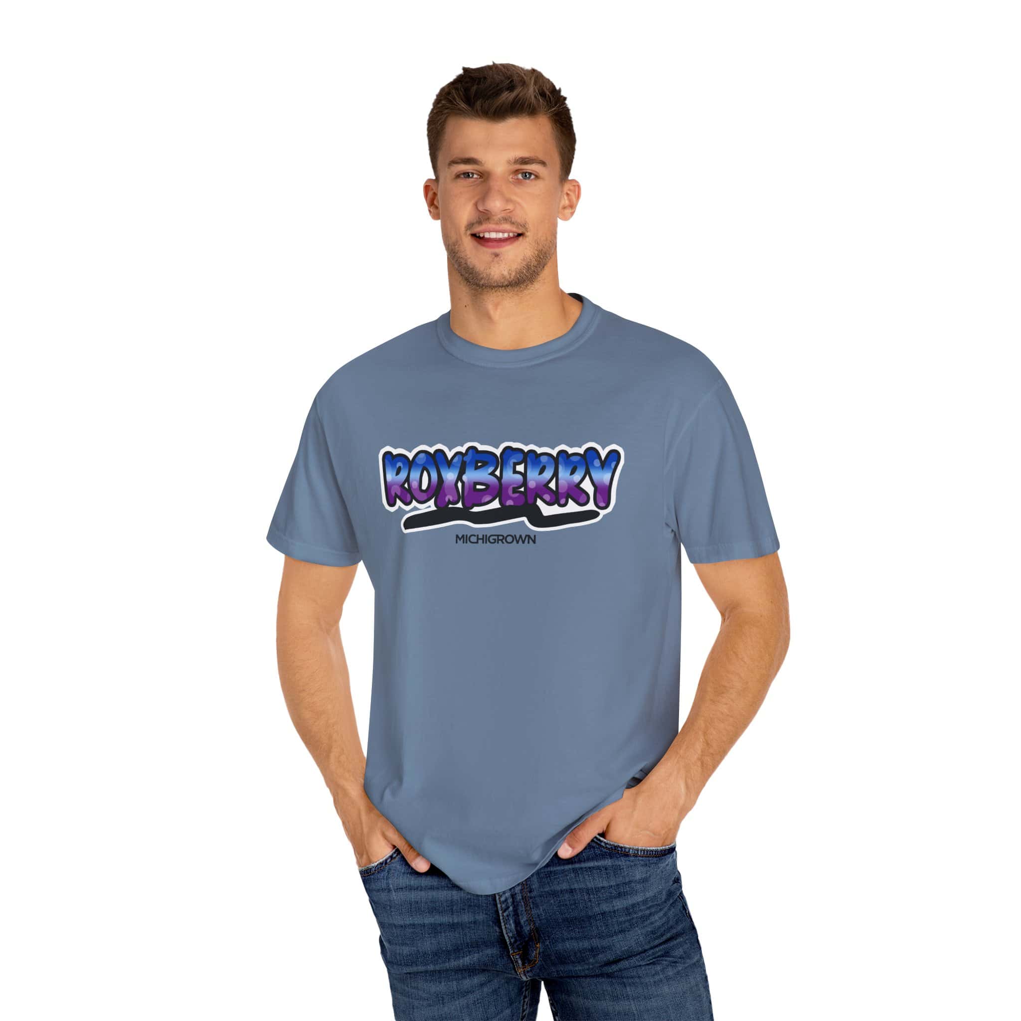 Men's blue Roxberry T-shirt with Michigrown logo and graphic design.