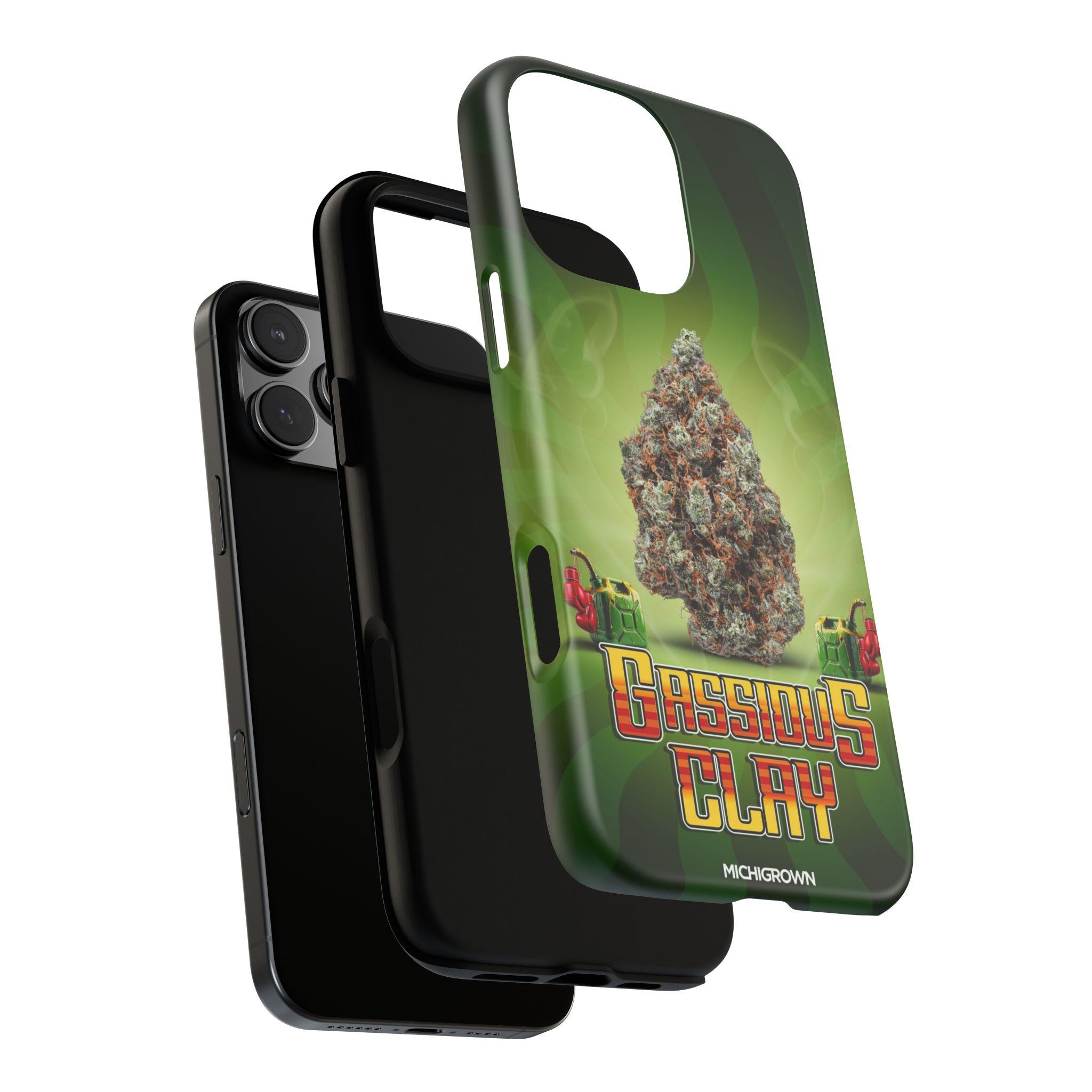 Phone case with Gassious Clay logo and cannabis leaf design.
