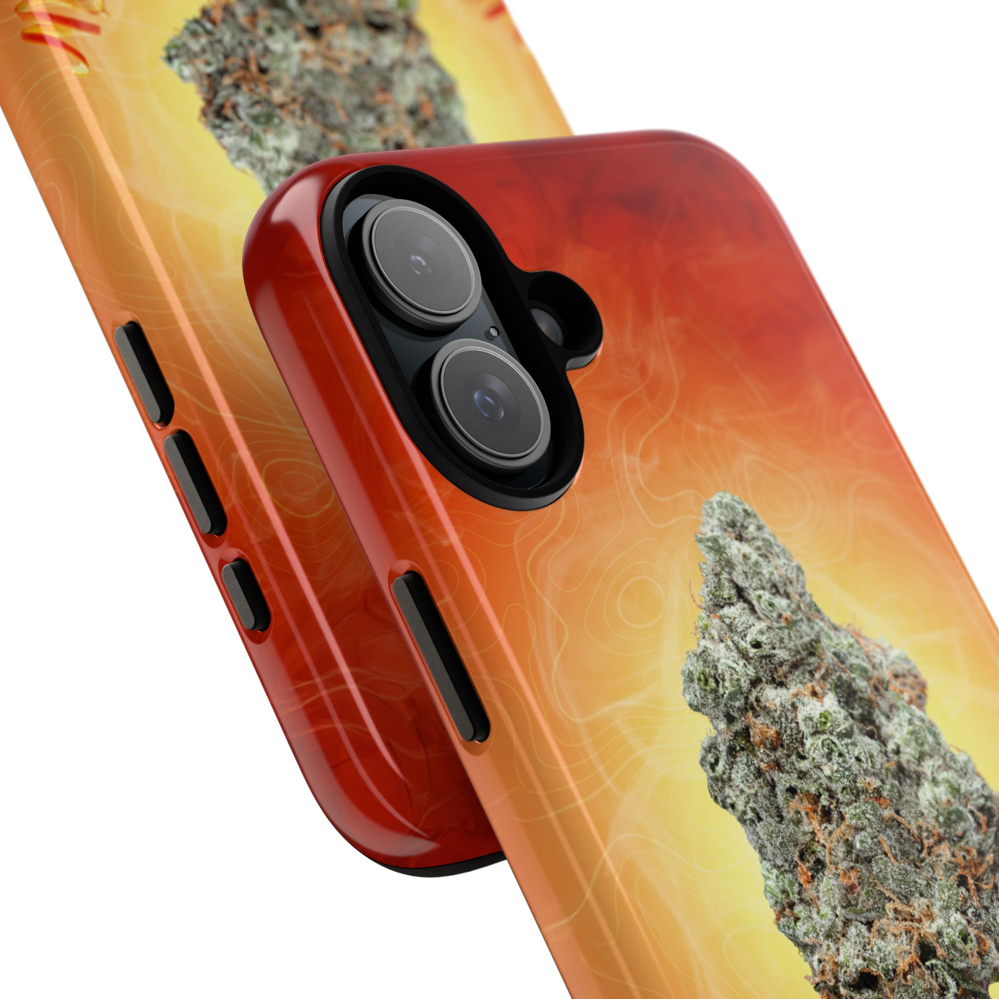 Red cannabis-themed phone case with marijuana bud design for iPhone.