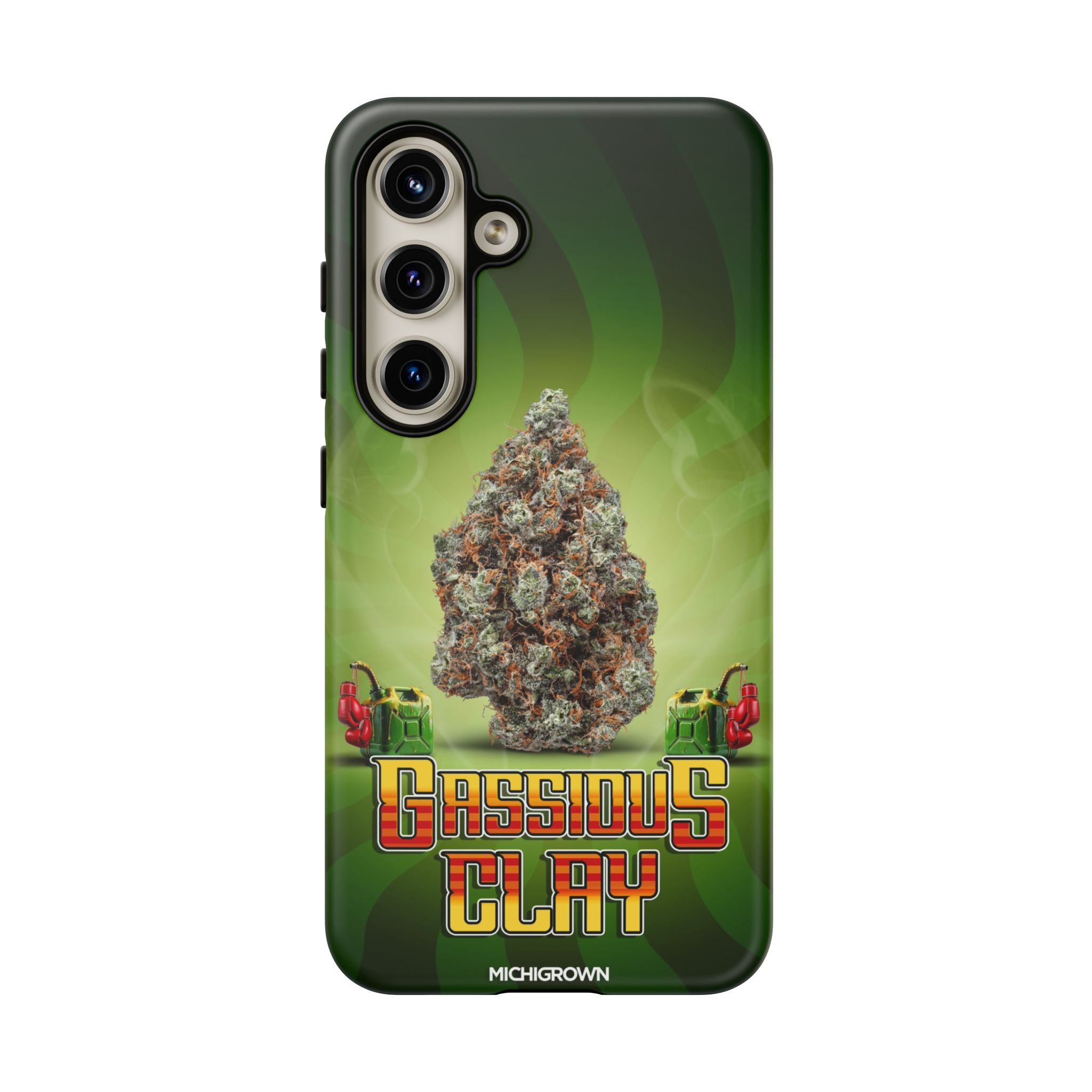 Phone case featuring cannabis bud and Gassious Clay logo.