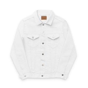 White denim jacket with embroidery details, front view, casual style.