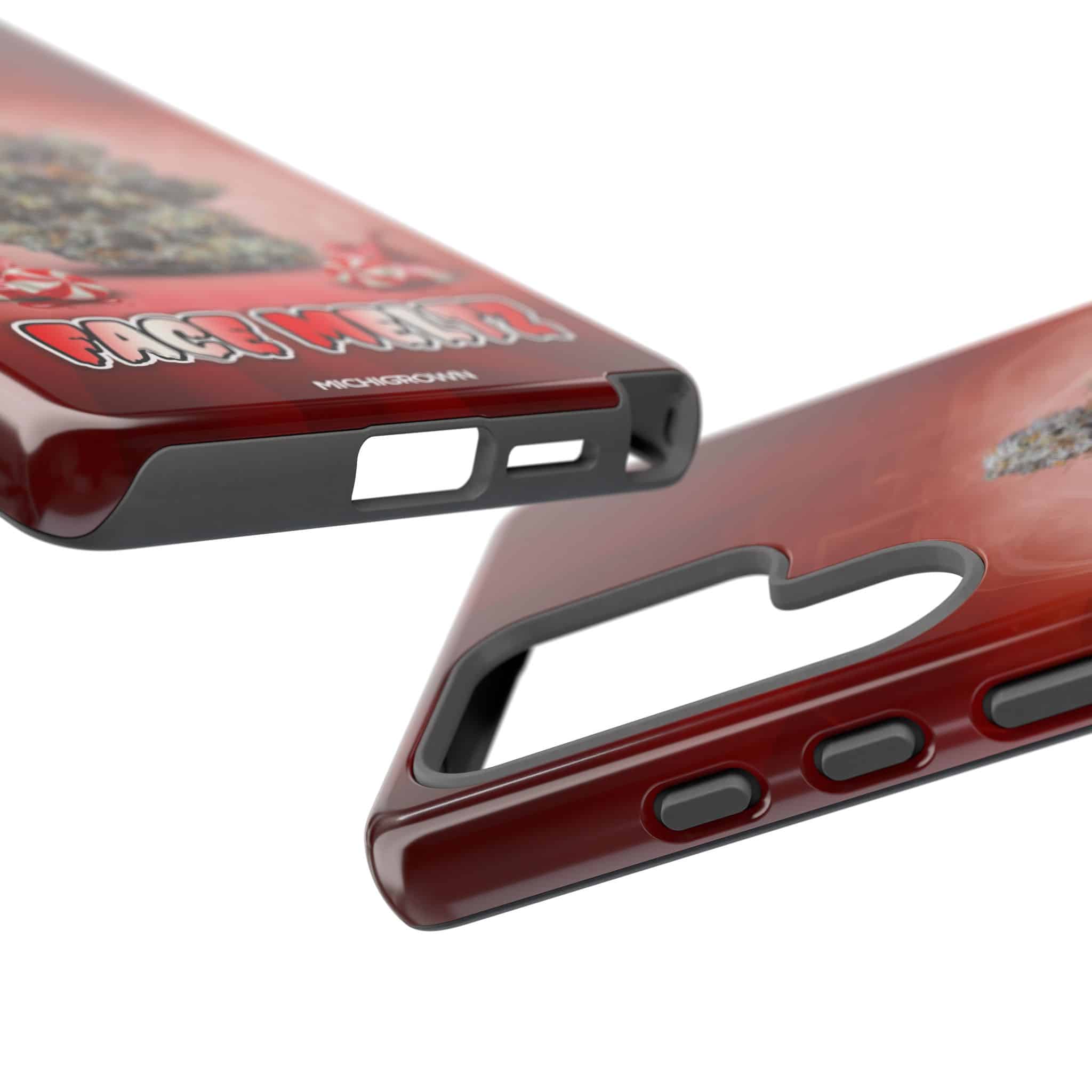 Red phone cases with rugged design and graphic print for durability.