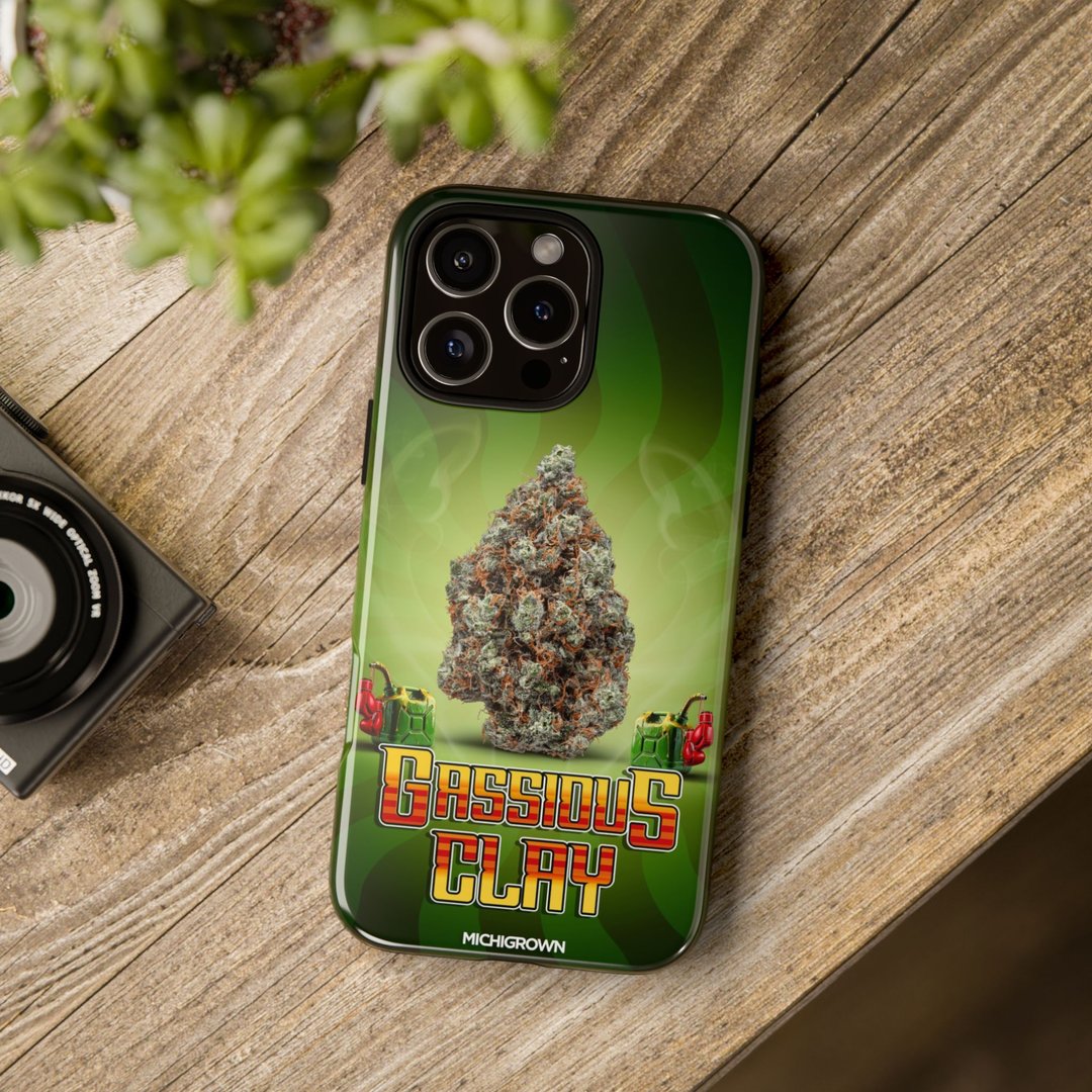 Phone case with Gassious Clay logo and cannabis leaf design.
