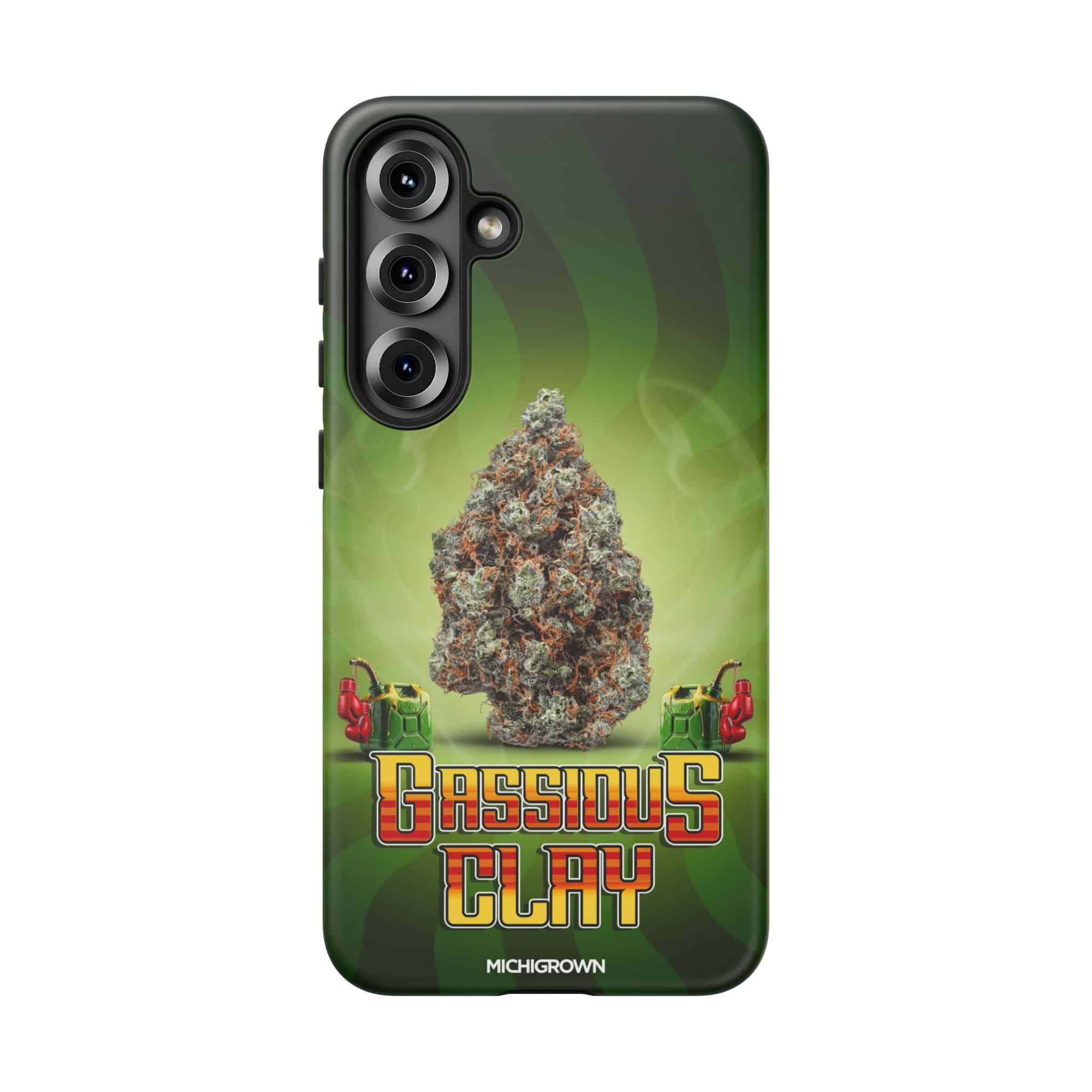 Phone case with Gassious Clay logo and cannabis bud graphic.