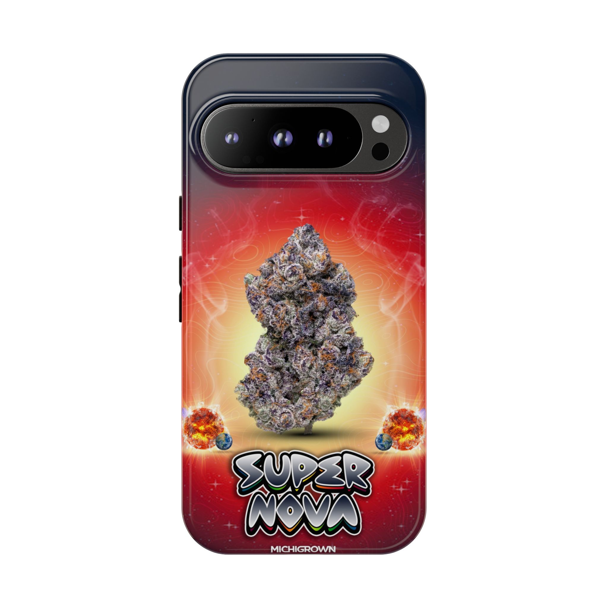 Phone case featuring a cannabis bud and Super Nova logo for Michigan cannabis fans.