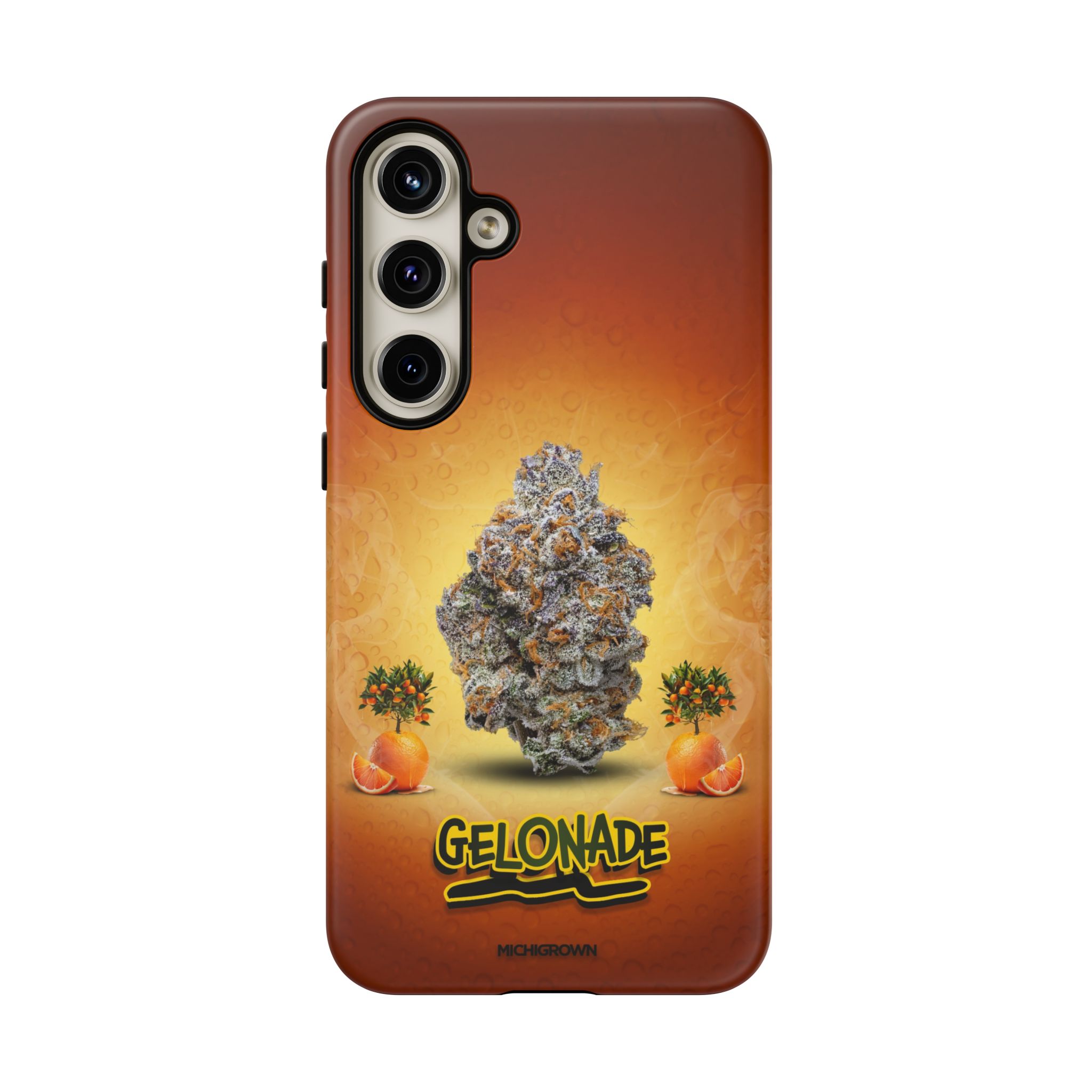Phone case featuring cannabis buds and oranges on a gradient background.