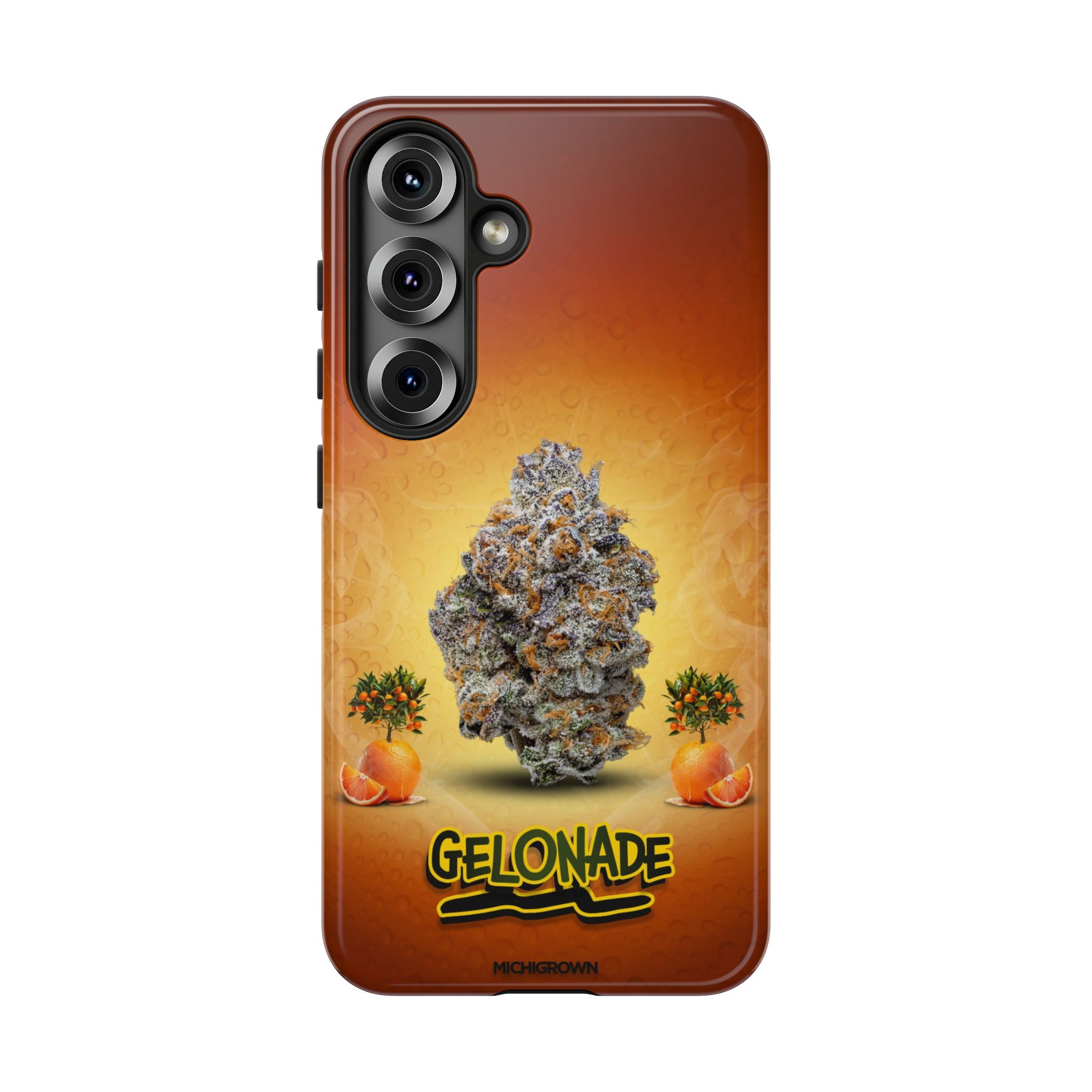Phone case featuring cannabis buds and oranges on an orange background.