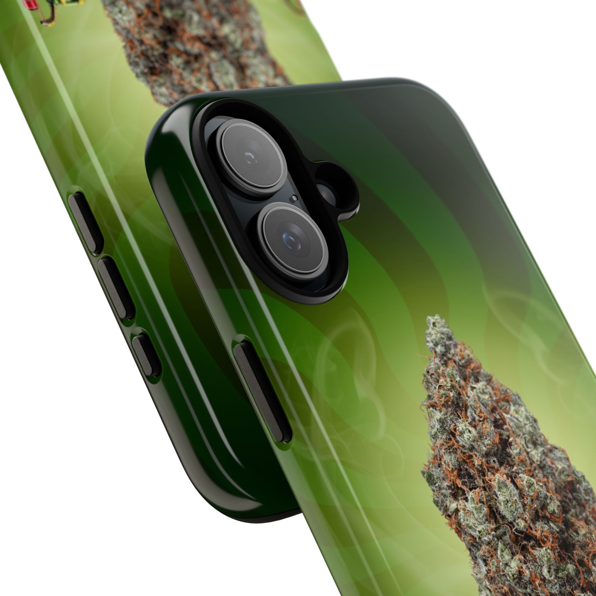 Green cannabis leaf phone case with detailed marijuana bud design.
