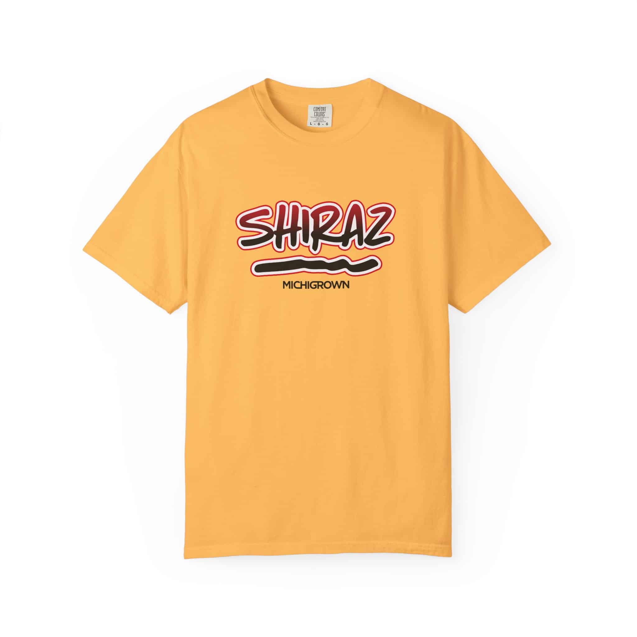 Yellow Shiraz T-shirt with Michigan graphic and text.