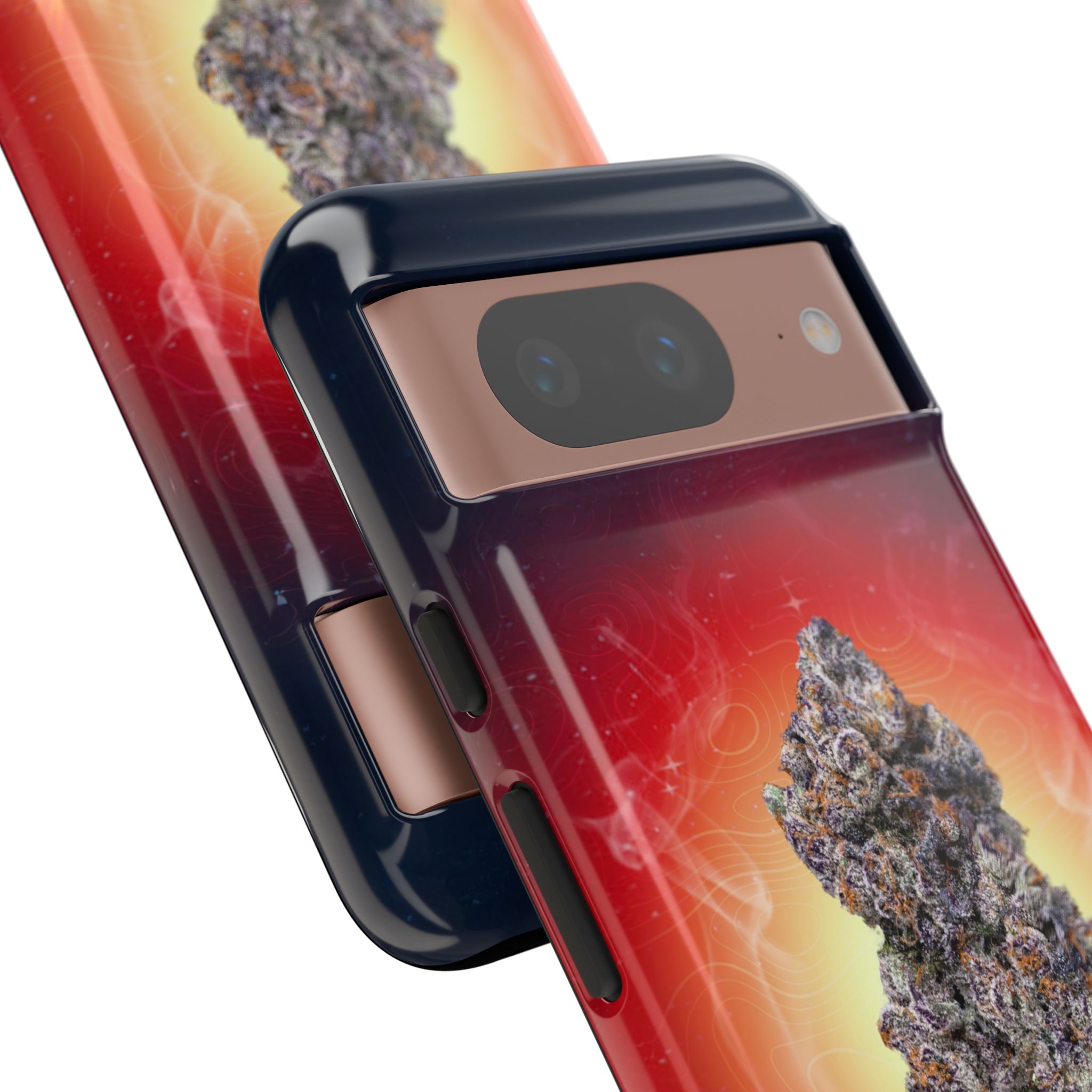 Phone case featuring a cannabis bud and cosmic background.