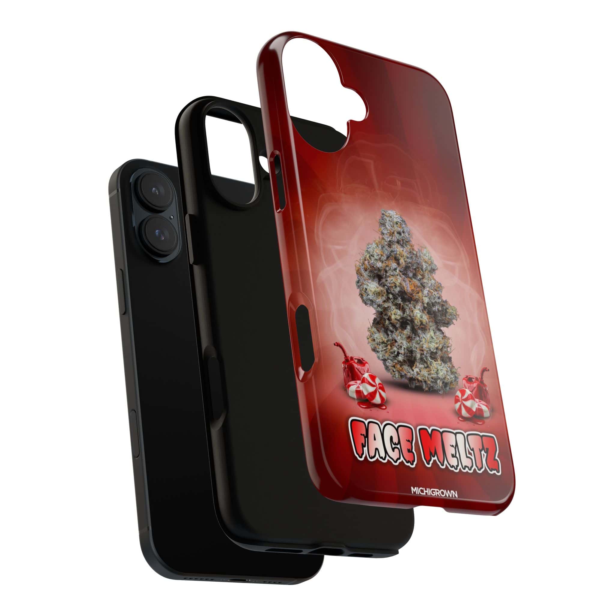 Red iPhone case with cannabis bud and candy cane design.