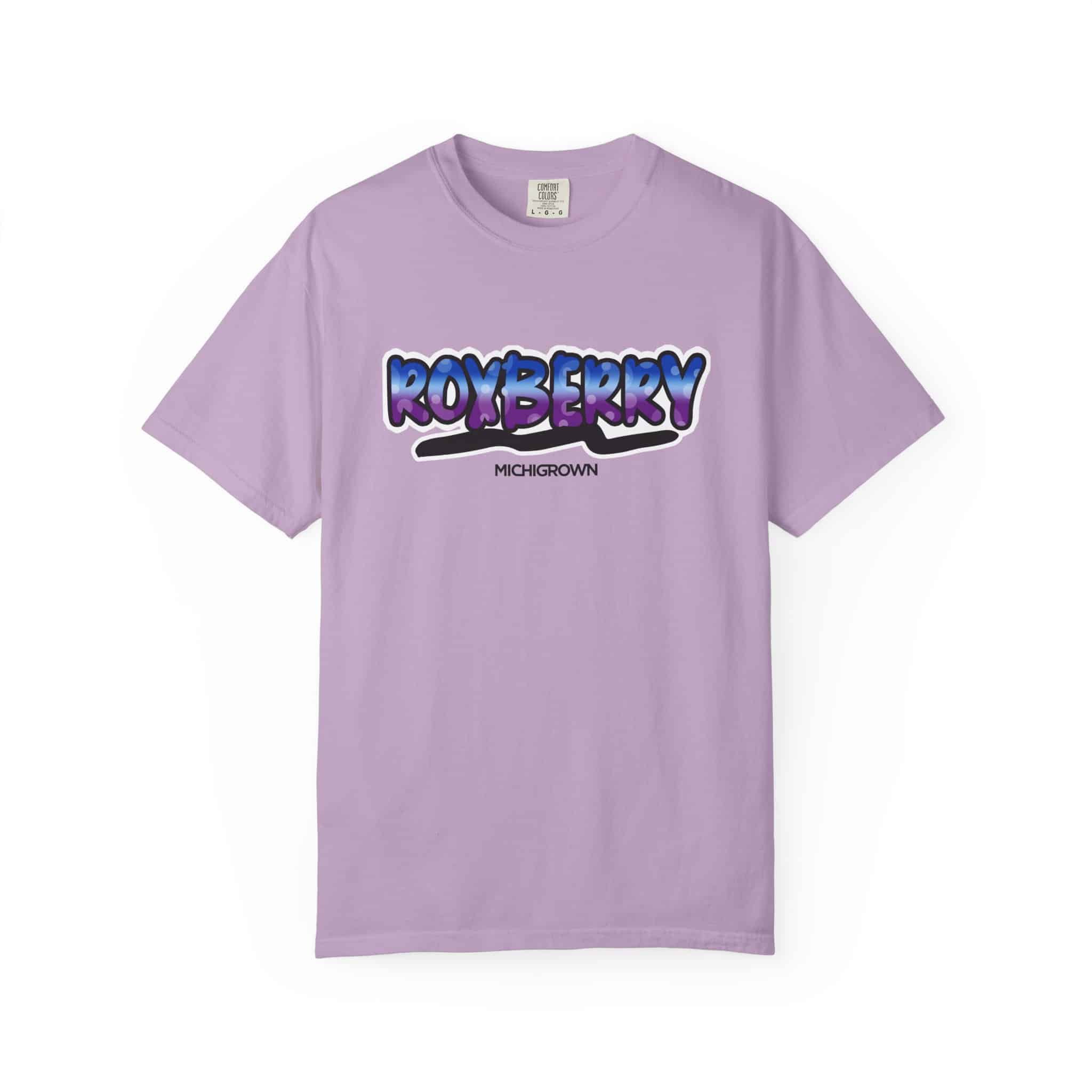 Lilac Roxberry T-shirt with MichiganGrown logo in blue and black.