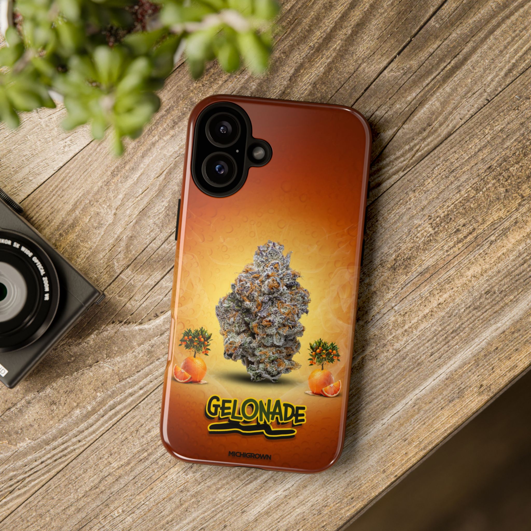 Phone case featuring cannabis bud and orange background for GELONADE.