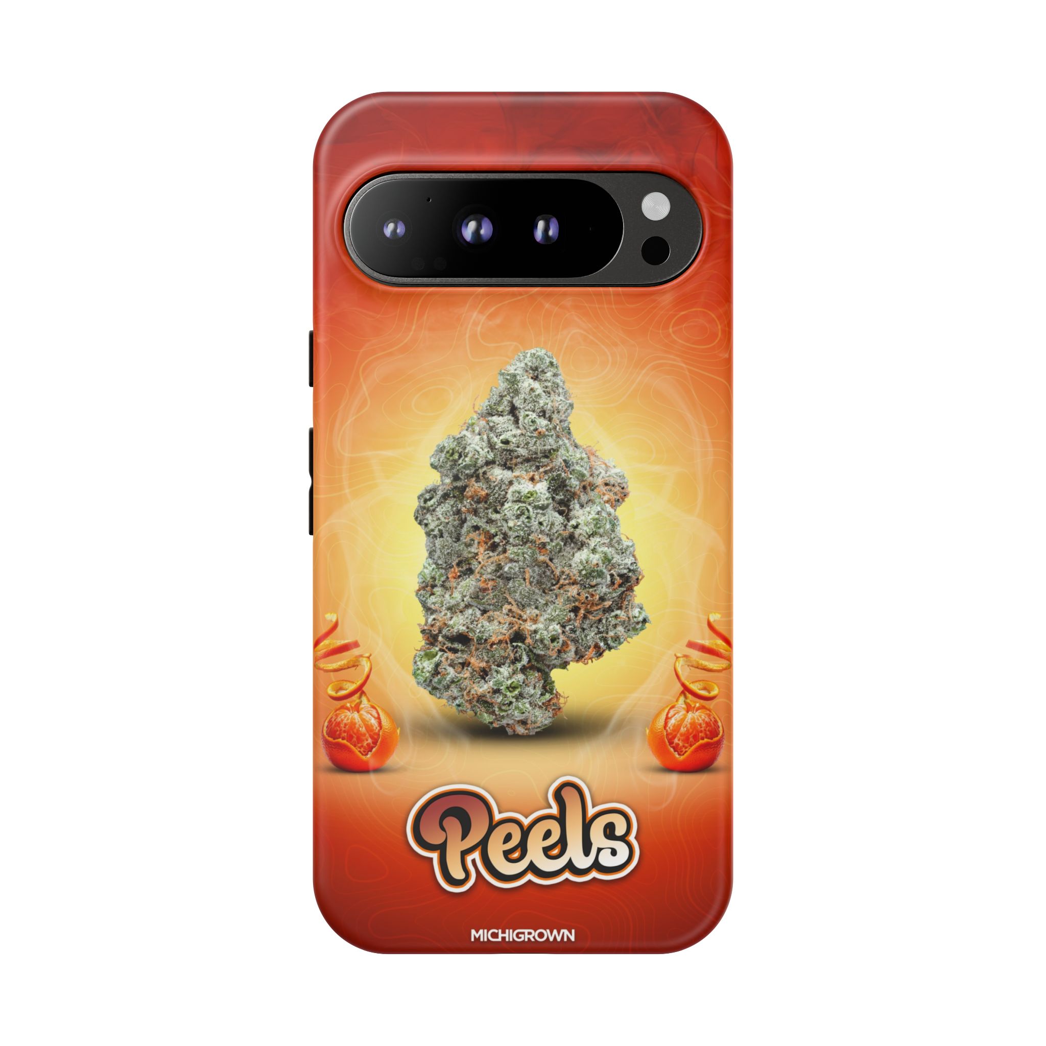 Phone case featuring cannabis bud and PEELS logo for PEELS PHONE CASE.