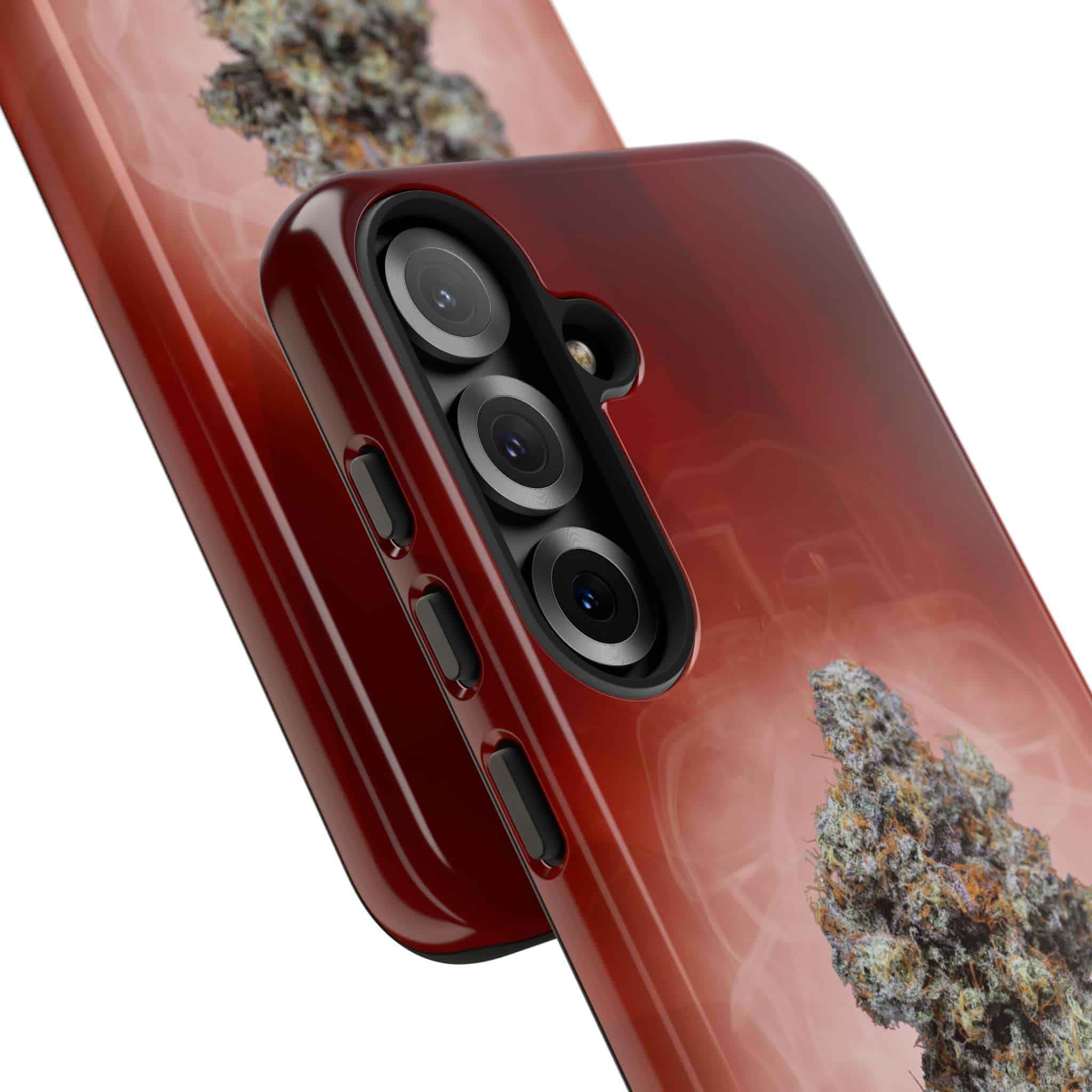 Red phone case with cannabis plant design for iPhone.