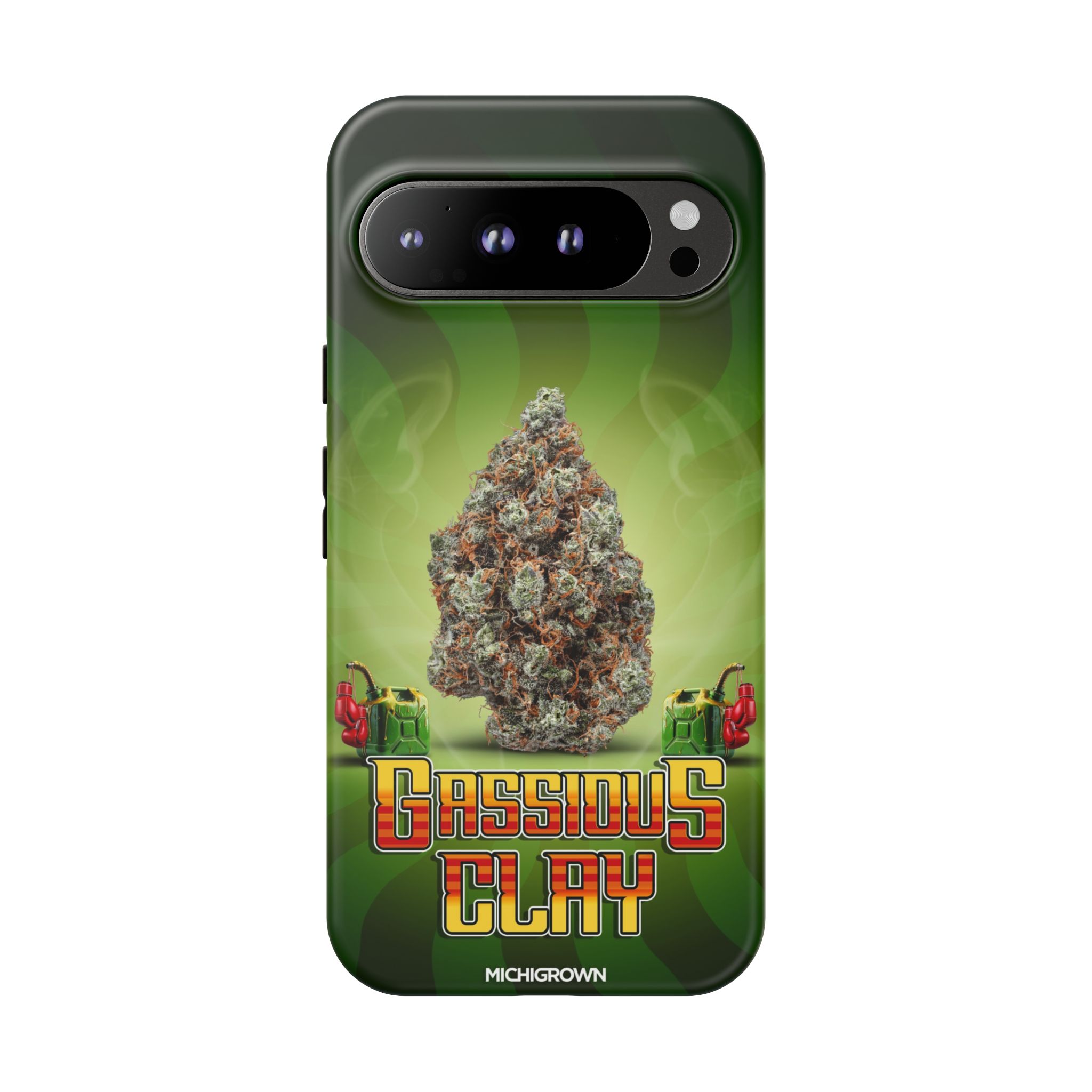 Phone case with Gassious Clay logo and cannabis leaf design.