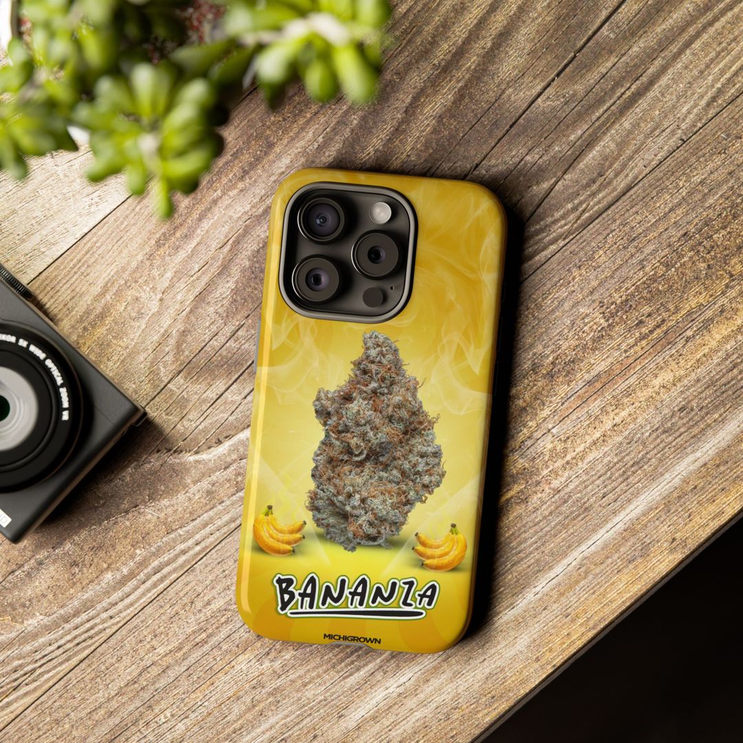 Yellow phone case with banana and cannabis leaf design for iPhone.