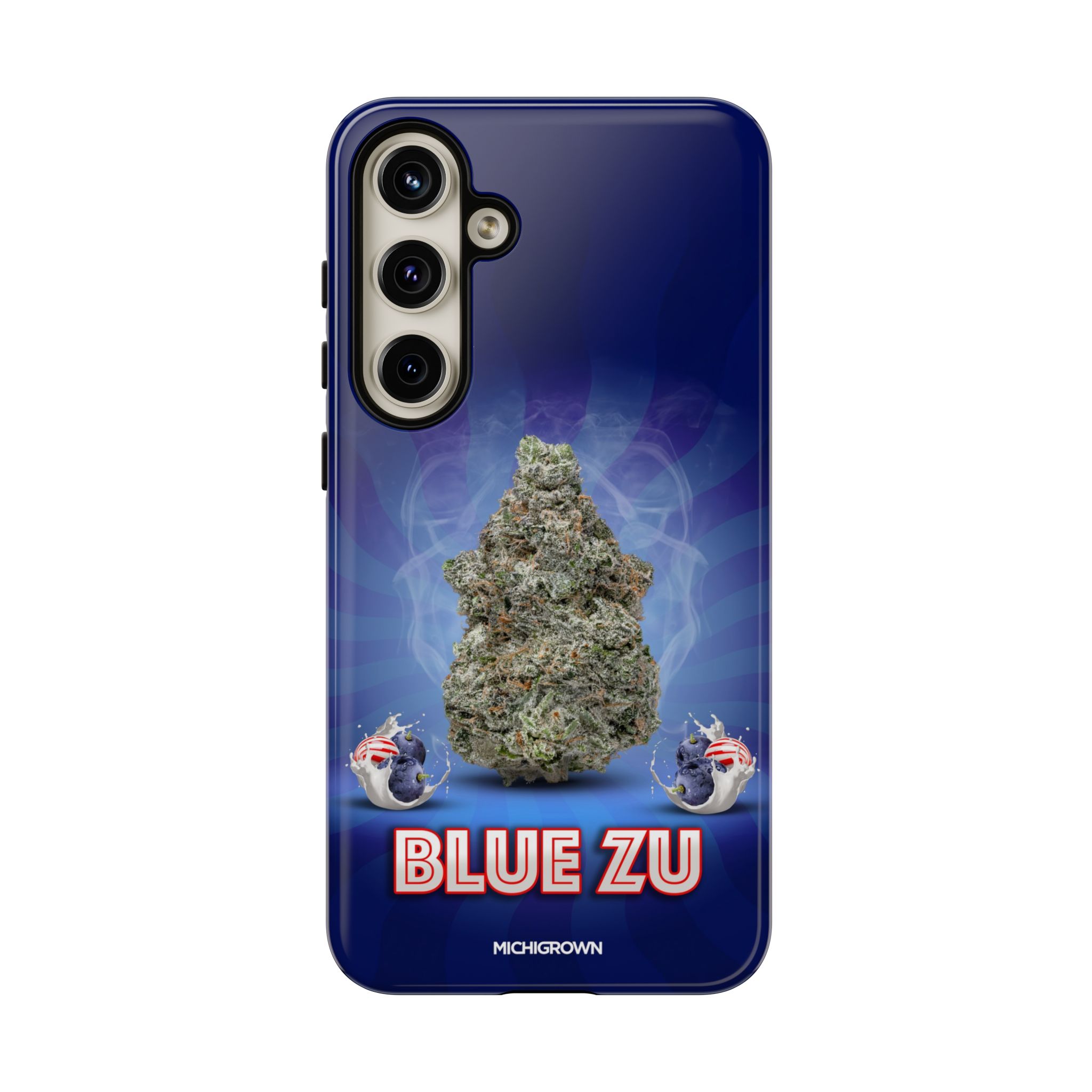 Blue Zu phone case featuring a cannabis bud and gaming-themed graphics.
