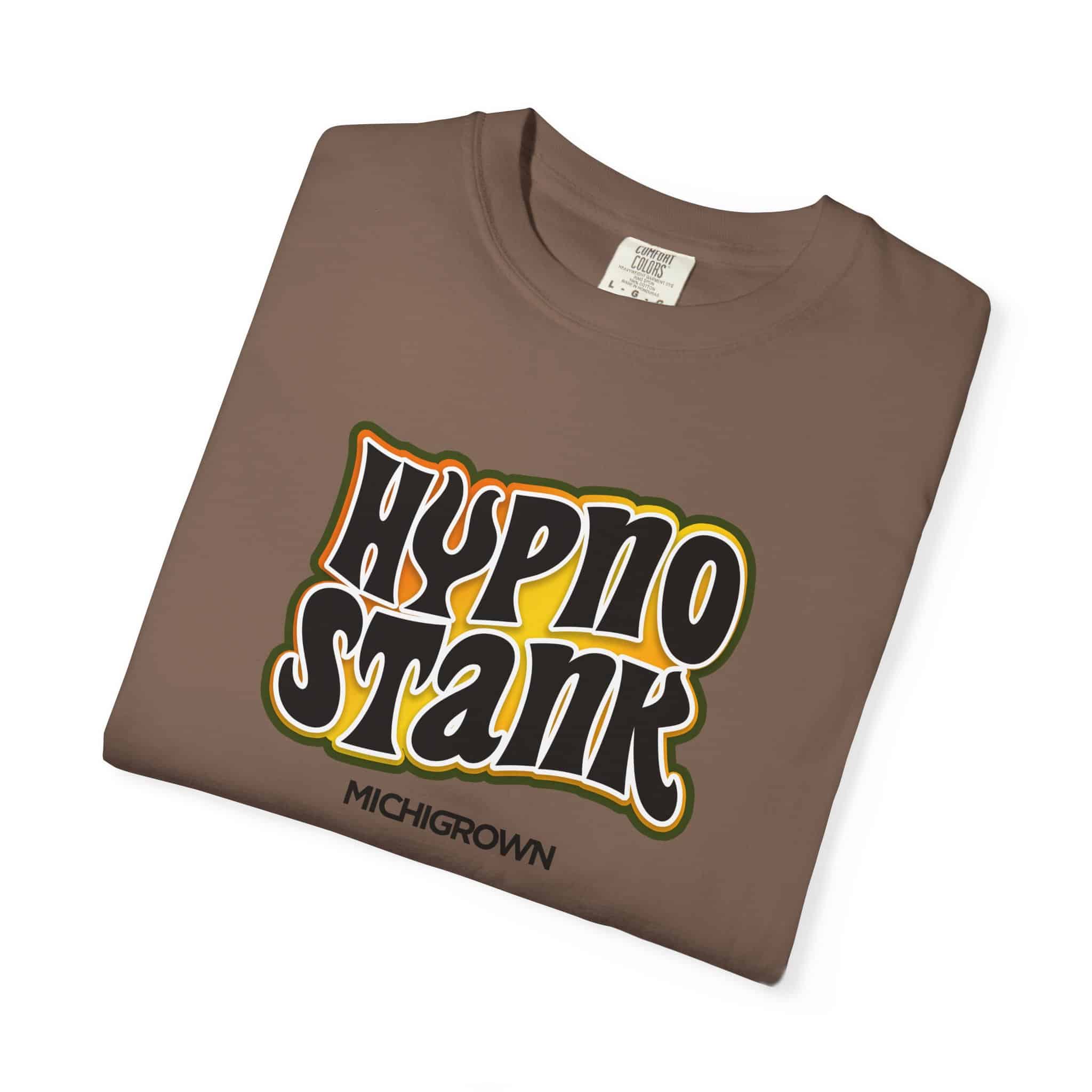 Brown T-shirt with Hypno Stank logo and Michigrown branding.
