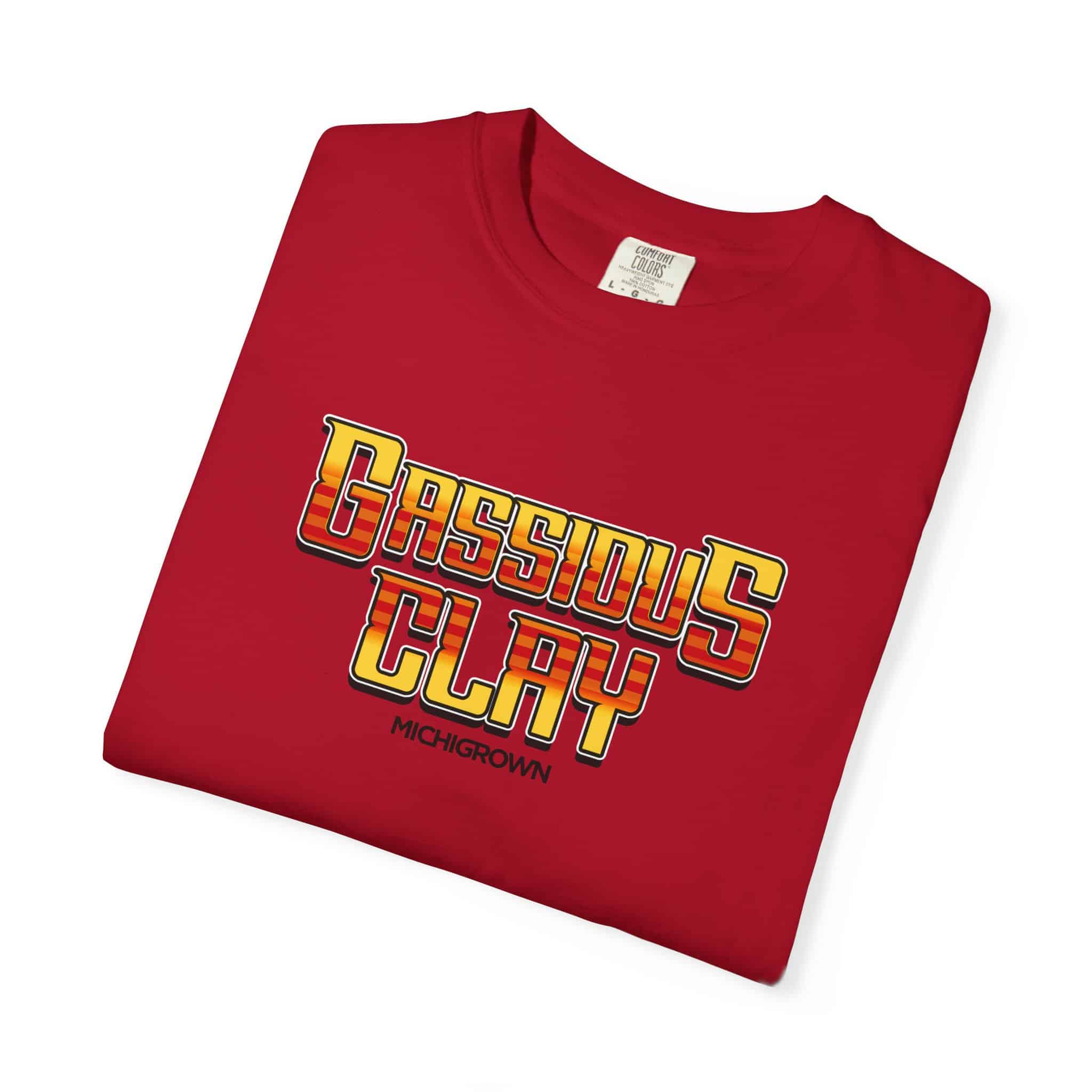 Red Gassious Clay T-shirt with bold yellow and red text design.