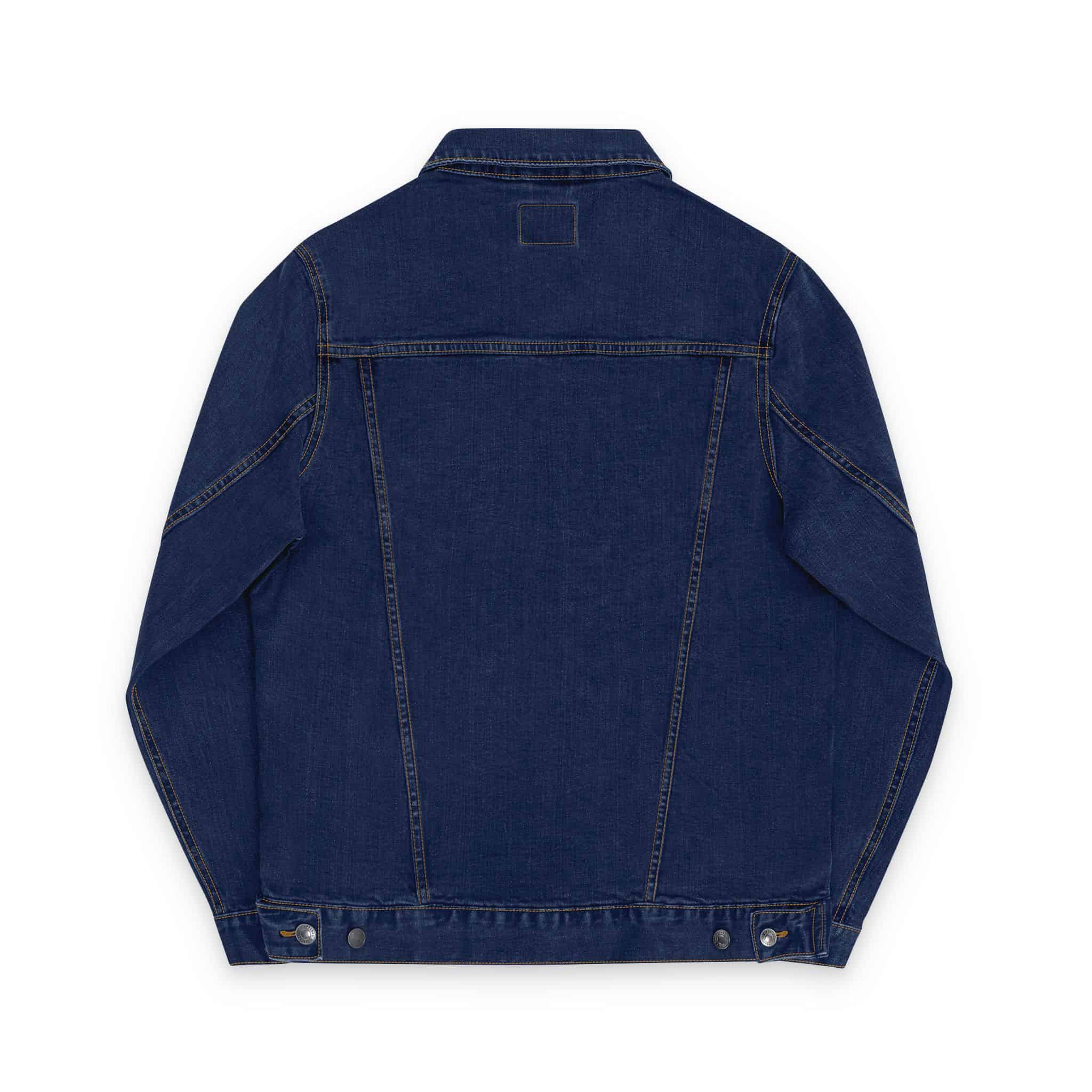Back view of a classic blue denim jacket with embroidery details.