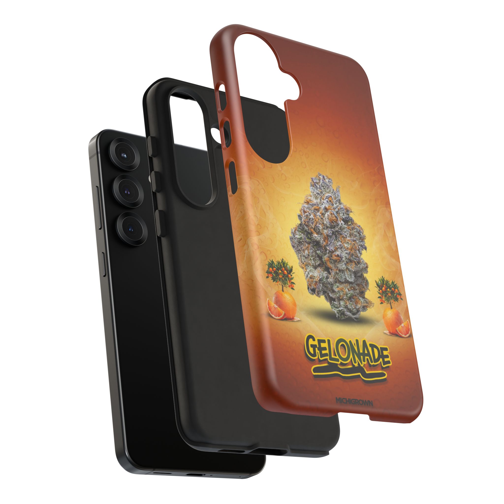 Phone case with Gelonade logo and cannabis bud design.