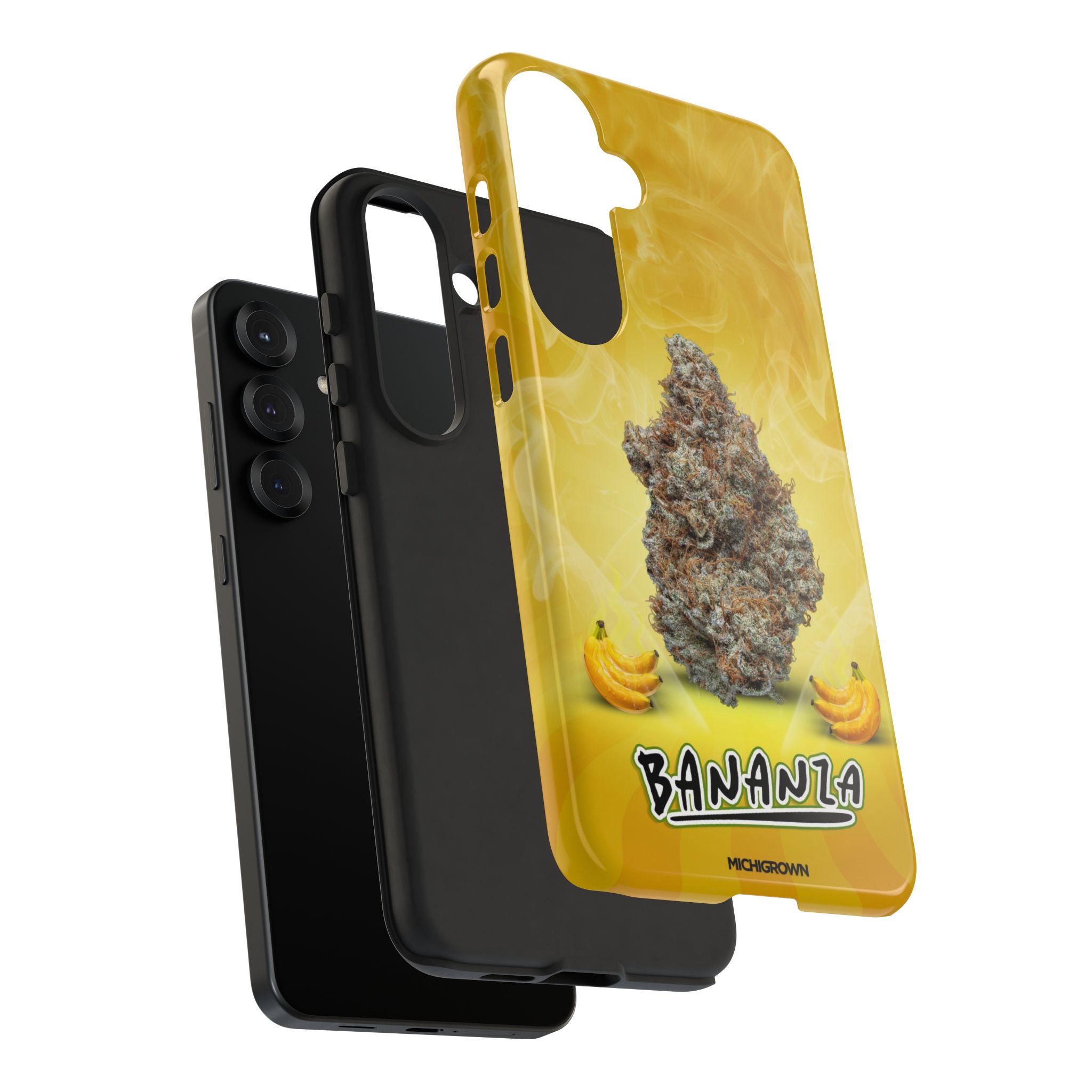 Yellow phone case with cannabis bud and banana graphics for iPhone.