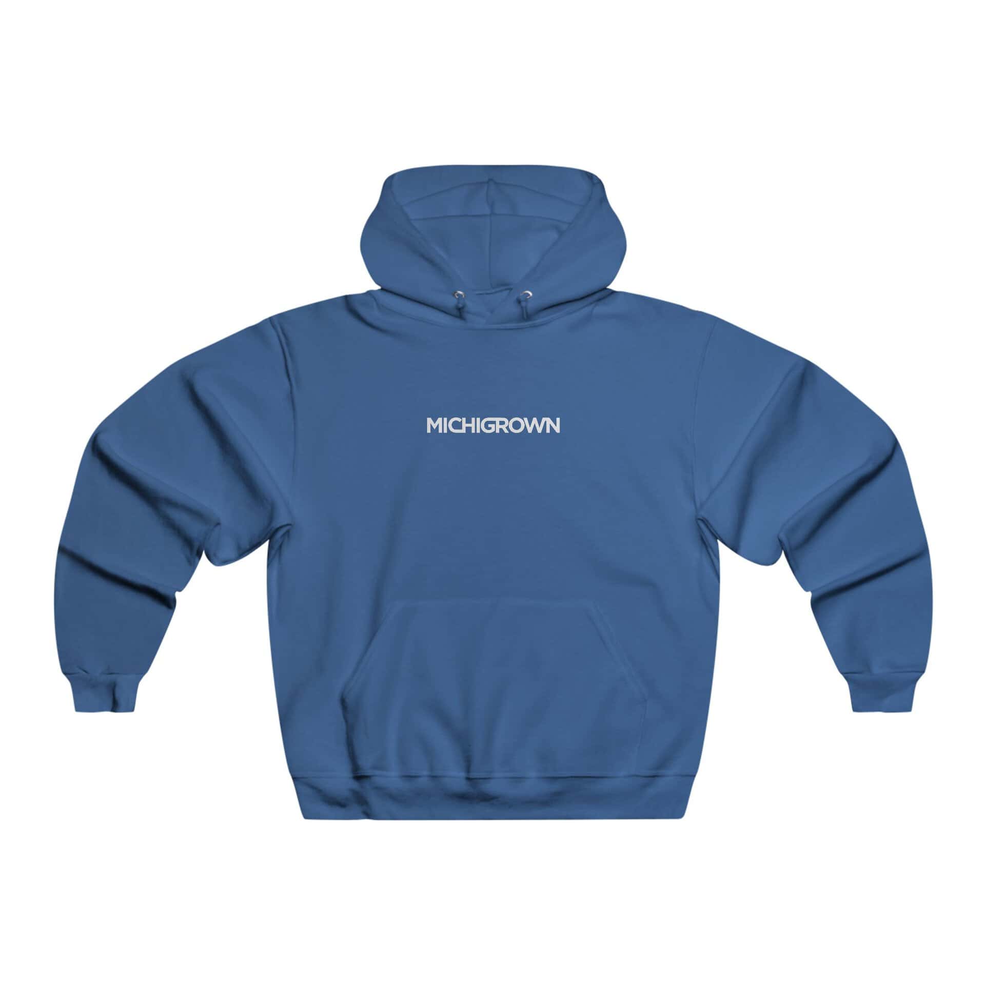 Blue hooded sweatshirt with MICHIGROWN logo on front.