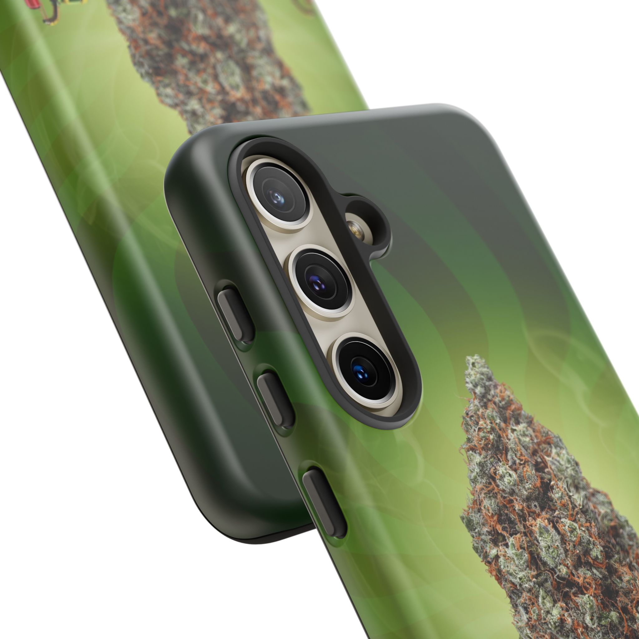 Green cannabis-themed phone case with a marijuana leaf design.
