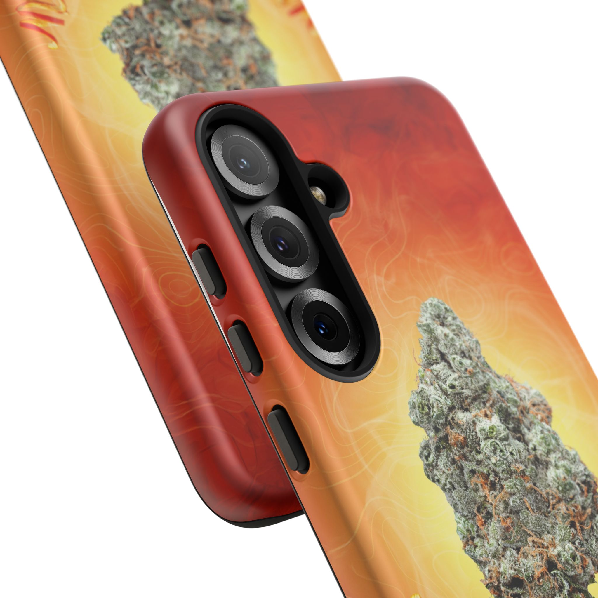 Red phone case with cannabis leaf design for iPhone 13 Pro.