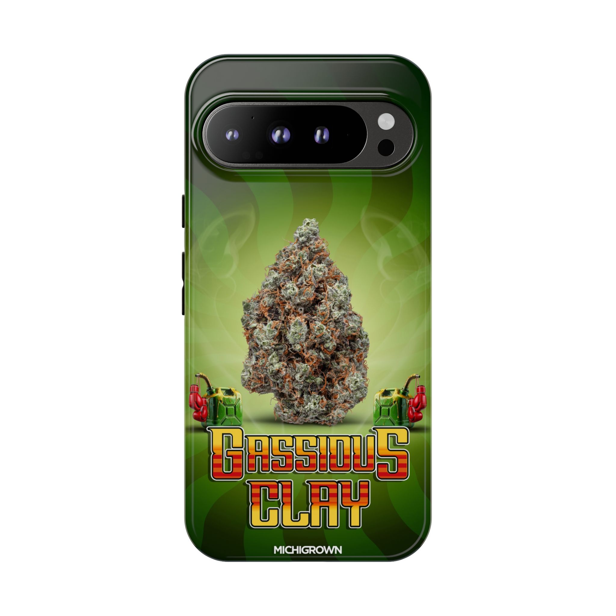 Phone case with Gassious Clay branding and cannabis leaf design.