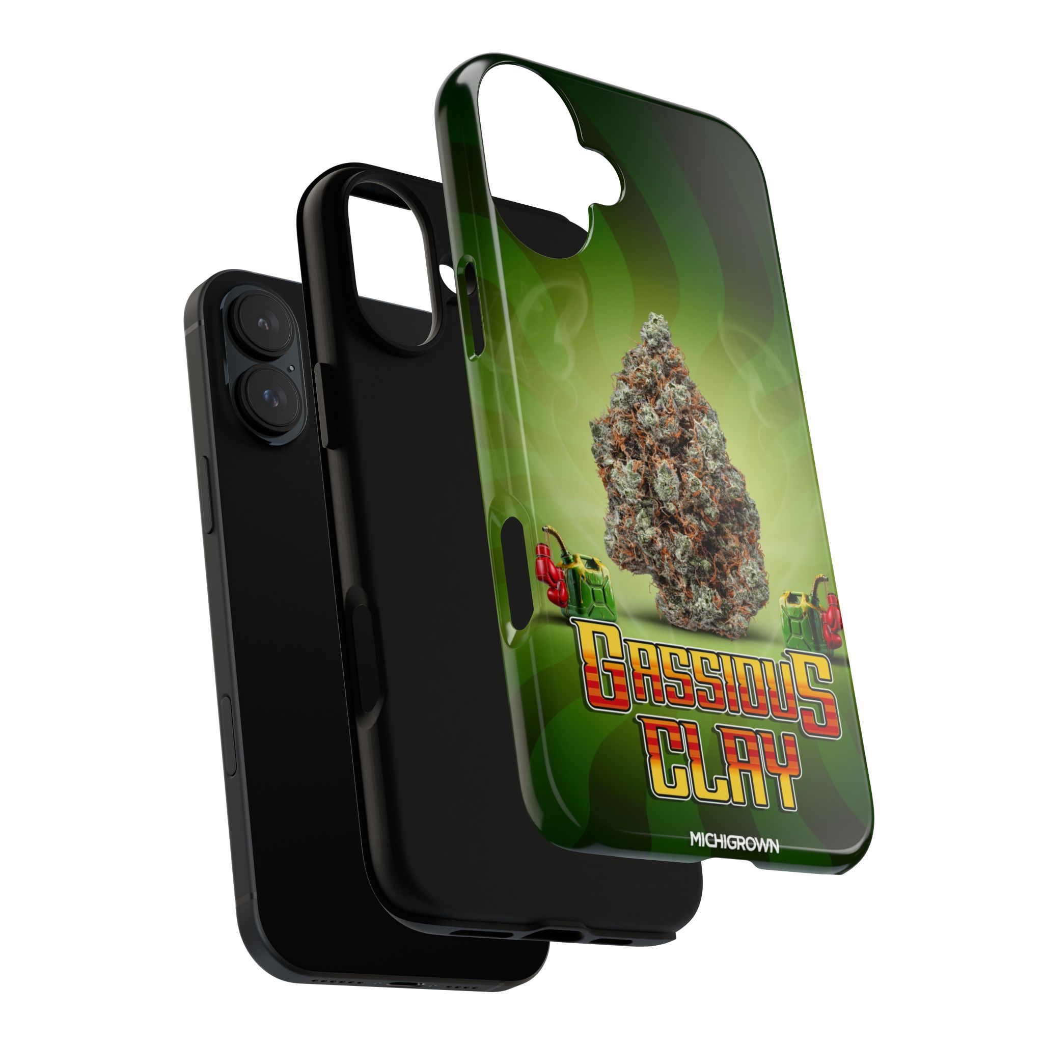 Custom phone case featuring Gassious Clay and cannabis imagery.