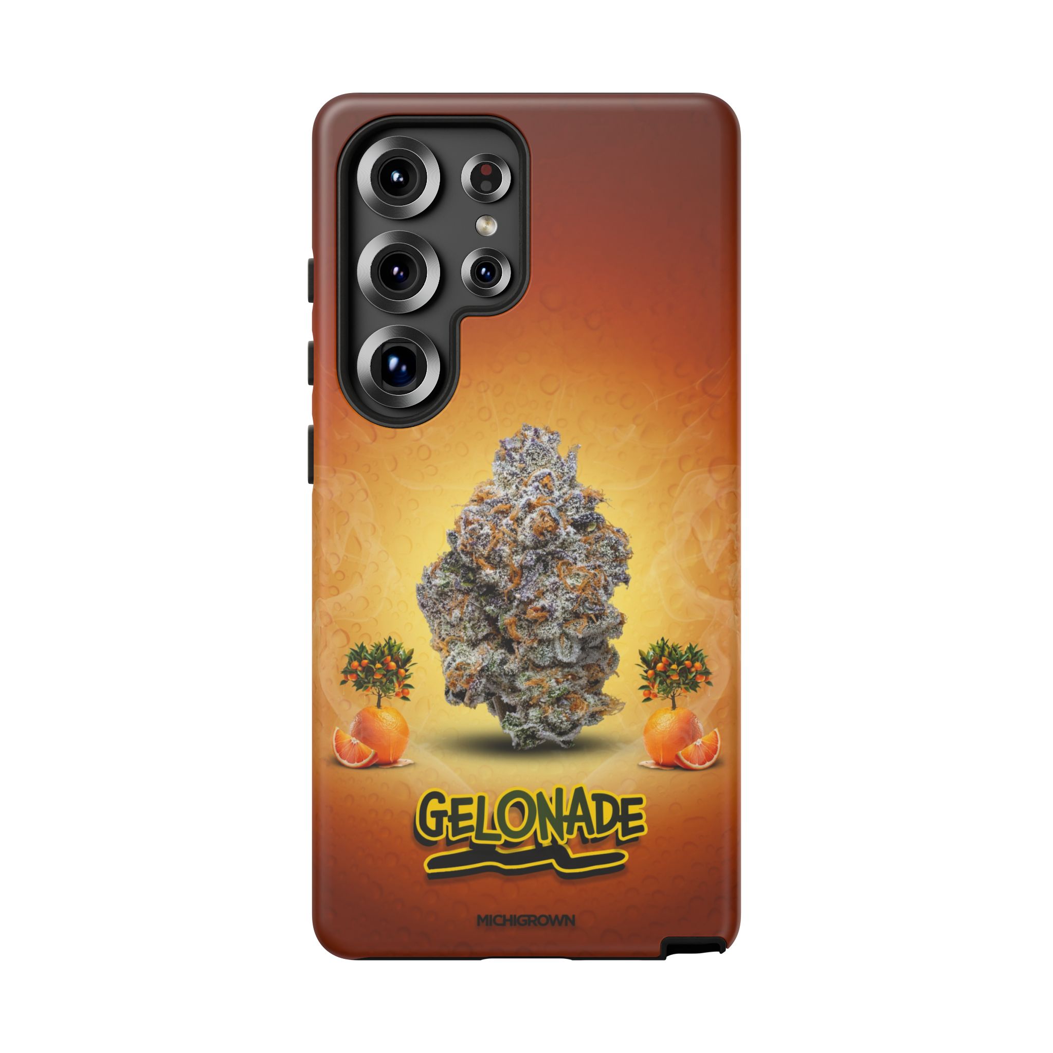 Phone case featuring Gelonade cannabis strain artwork and logo.
